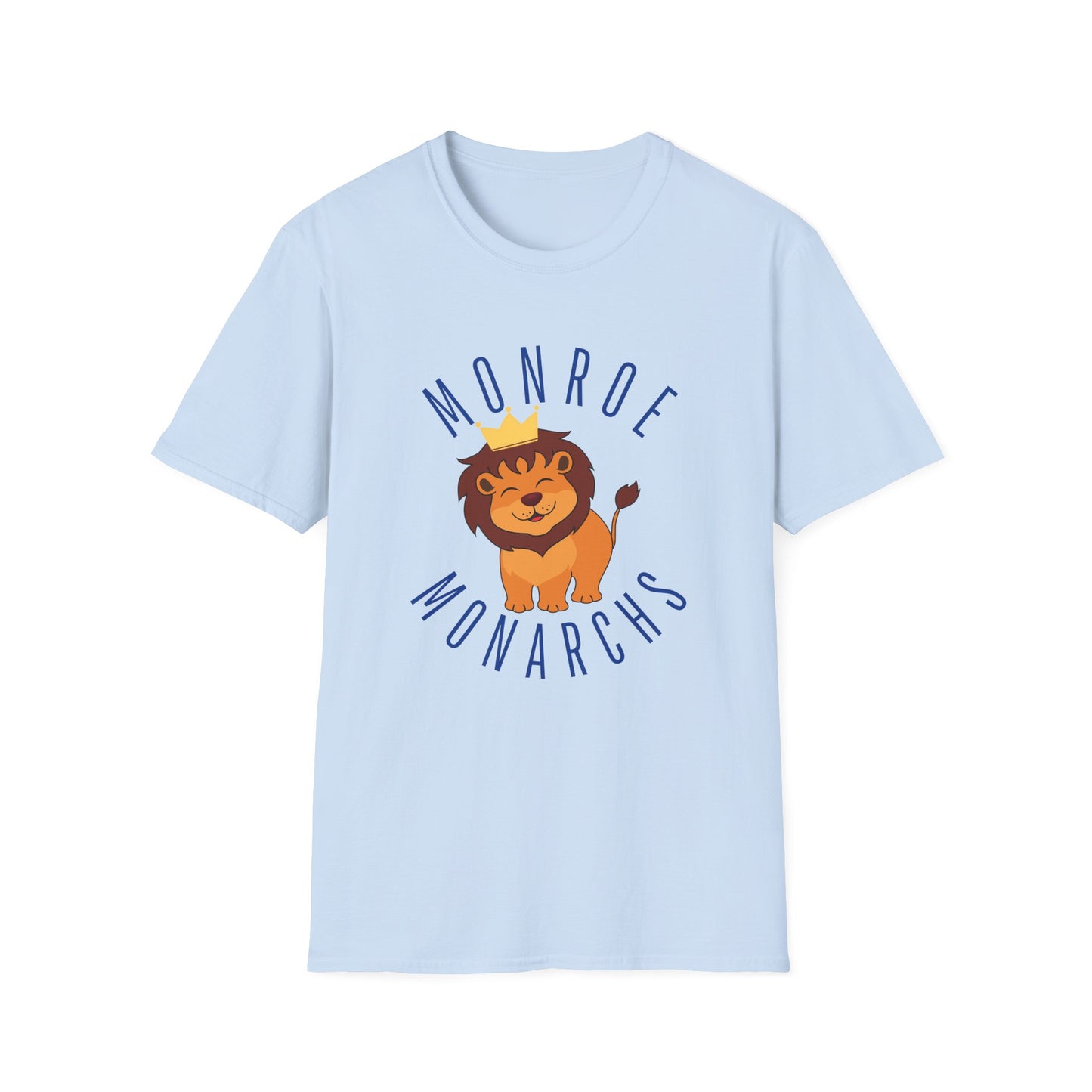 Monroe Monarchs in Blue Lettering with Cute Grinning Lion Adult T-Shirt - Fun & Stylish School Spirit Wear