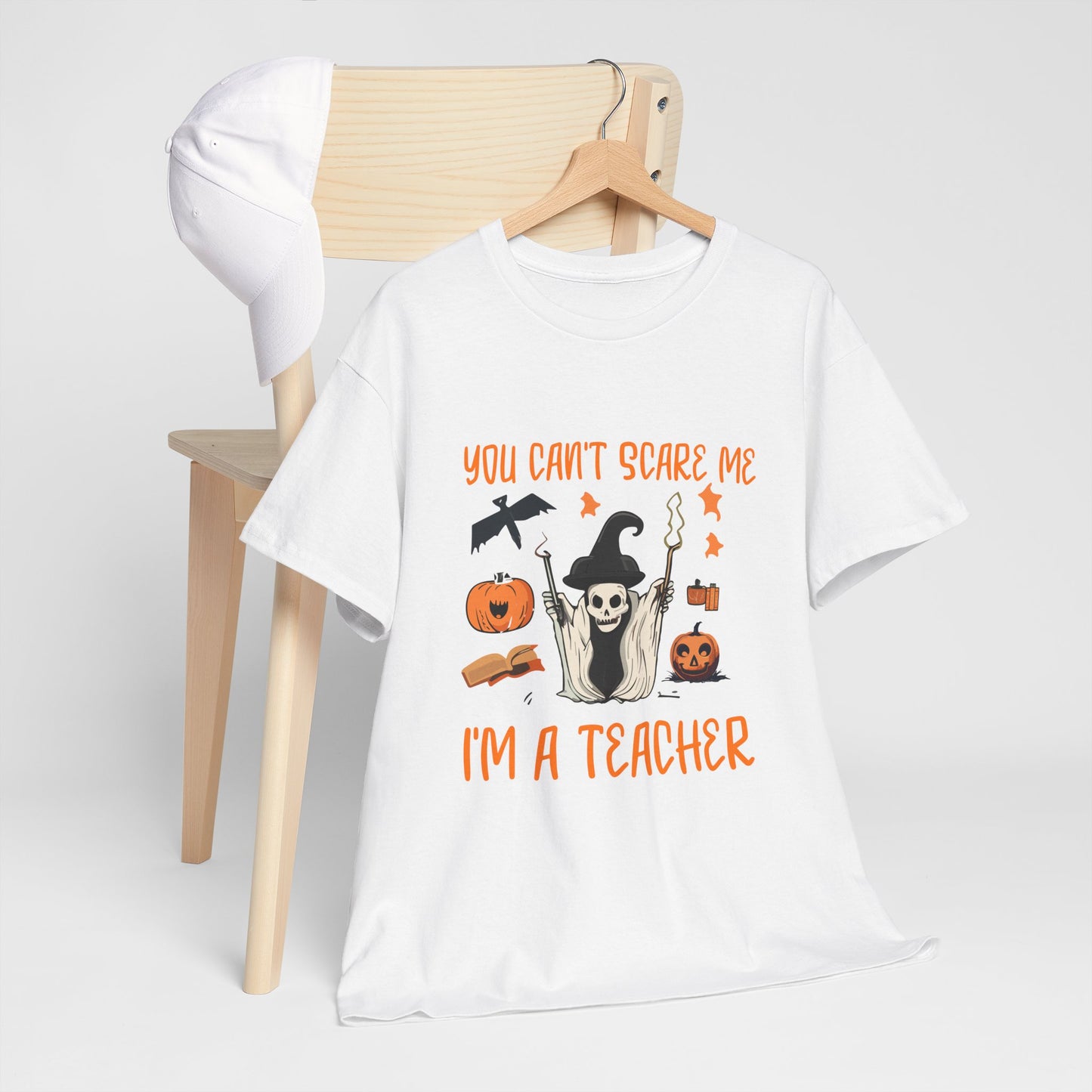 Halloween Teacher Tee - "You Can't Scare Me, I'm a Teacher" - Halloween School Teacher Unisex Heavy Cotton T-Shirt