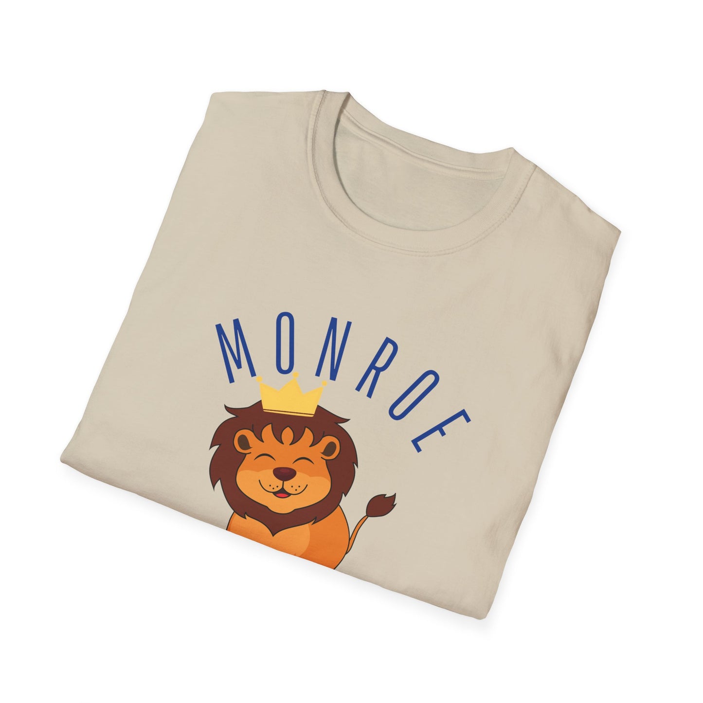 Monroe Monarchs in Blue Lettering with Cute Grinning Lion Adult T-Shirt - Fun & Stylish School Spirit Wear