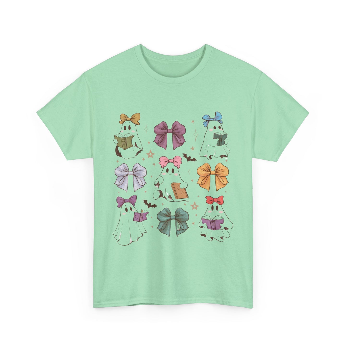 Cute Ghosts & Bows Unisex Heavy Cotton Tee for School Teachers on Halloween