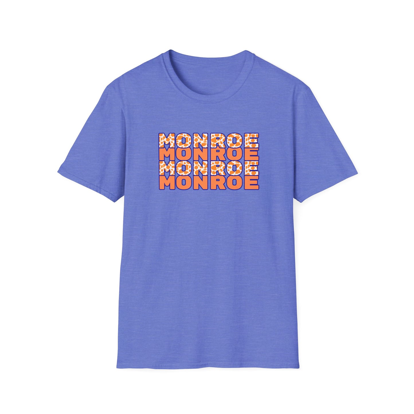 Monroe Cow Print Orange Graphic Unisex Softstyle T-Shirt - Casual Blue Tee for Every Occasion