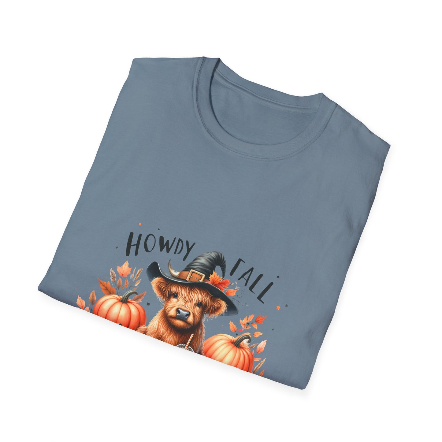 Halloween Cow with Latte Unisex Softstyle T-Shirt - "Howdy Fall" Design