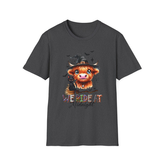 Halloween Cow Graphic T-Shirt - "We're Out at Midnight" - Unisex Softstyle Tee