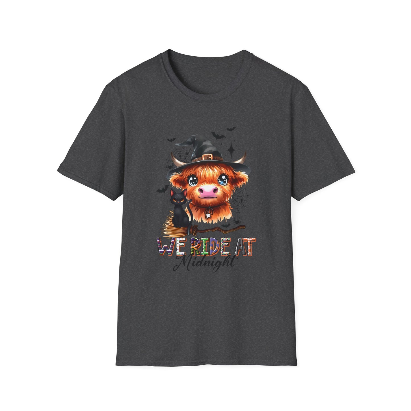 Halloween Cow Graphic T-Shirt - "We're Out at Midnight" - Unisex Softstyle Tee