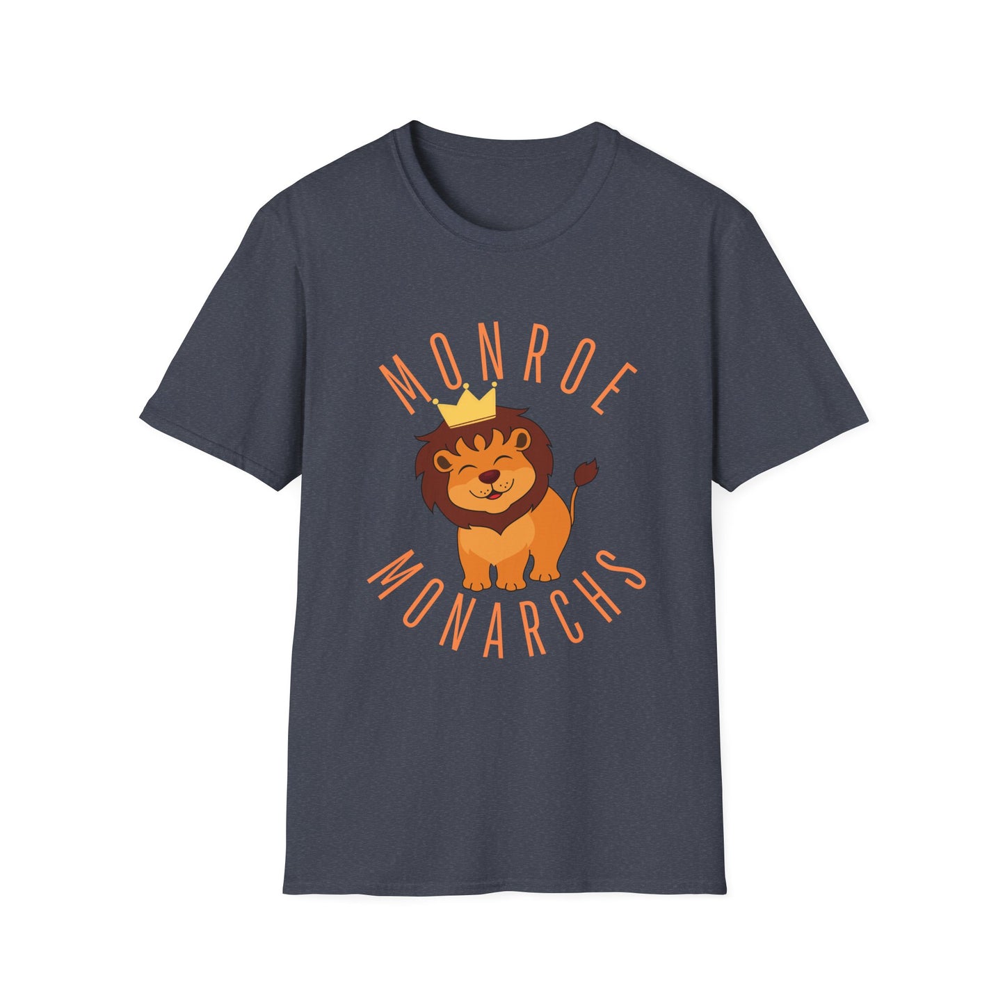 Monroe Monarchs (Orange Lettering) with Cute Grinning Lion Adult Unisex Softstyle T-Shirt