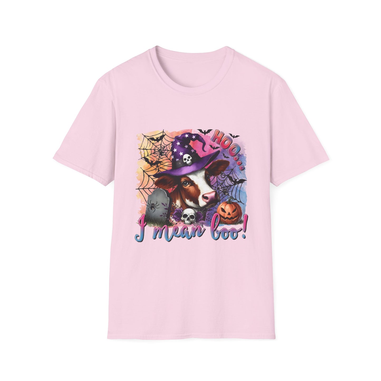 Fun Halloween Cow T-Shirt – "I Moo I Mean  Boo!" Unisex Softstyle Tee for Pet Lovers