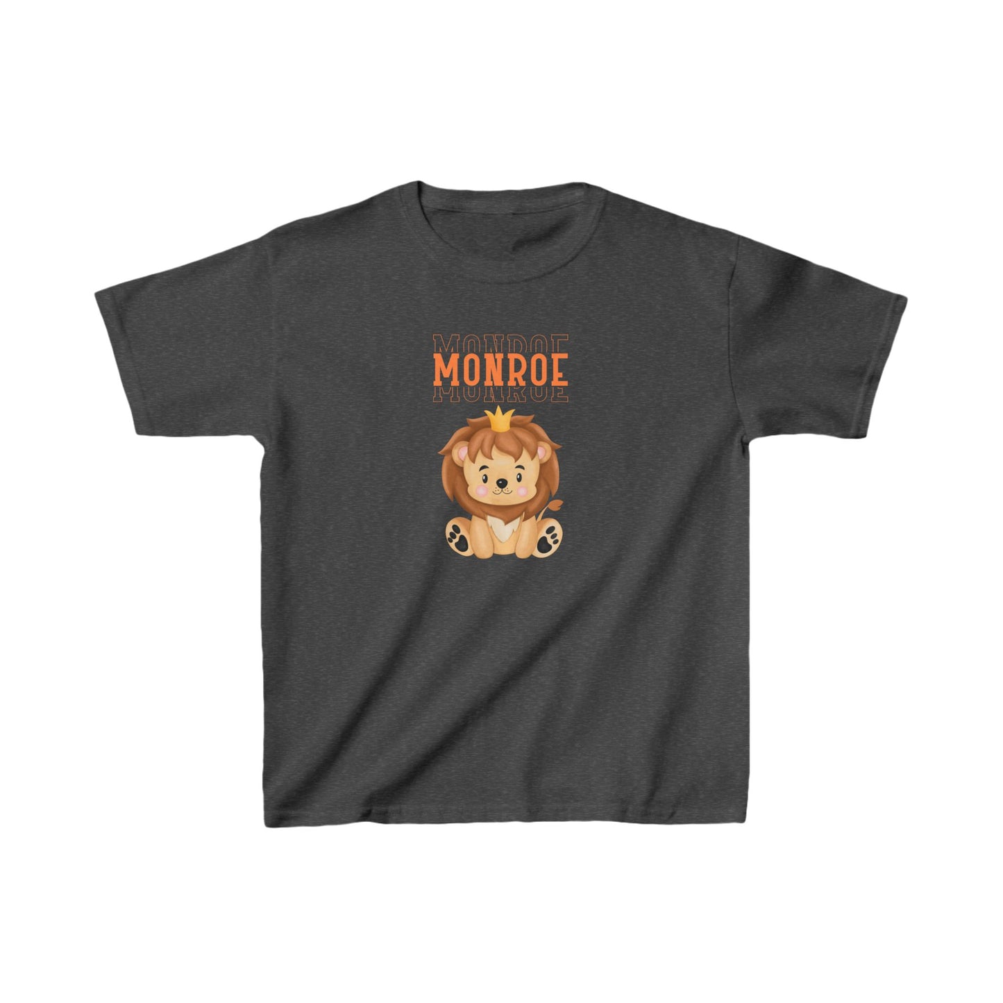 Kids Tee - Cute Lion with Crown and Monroe Lettering in Orange