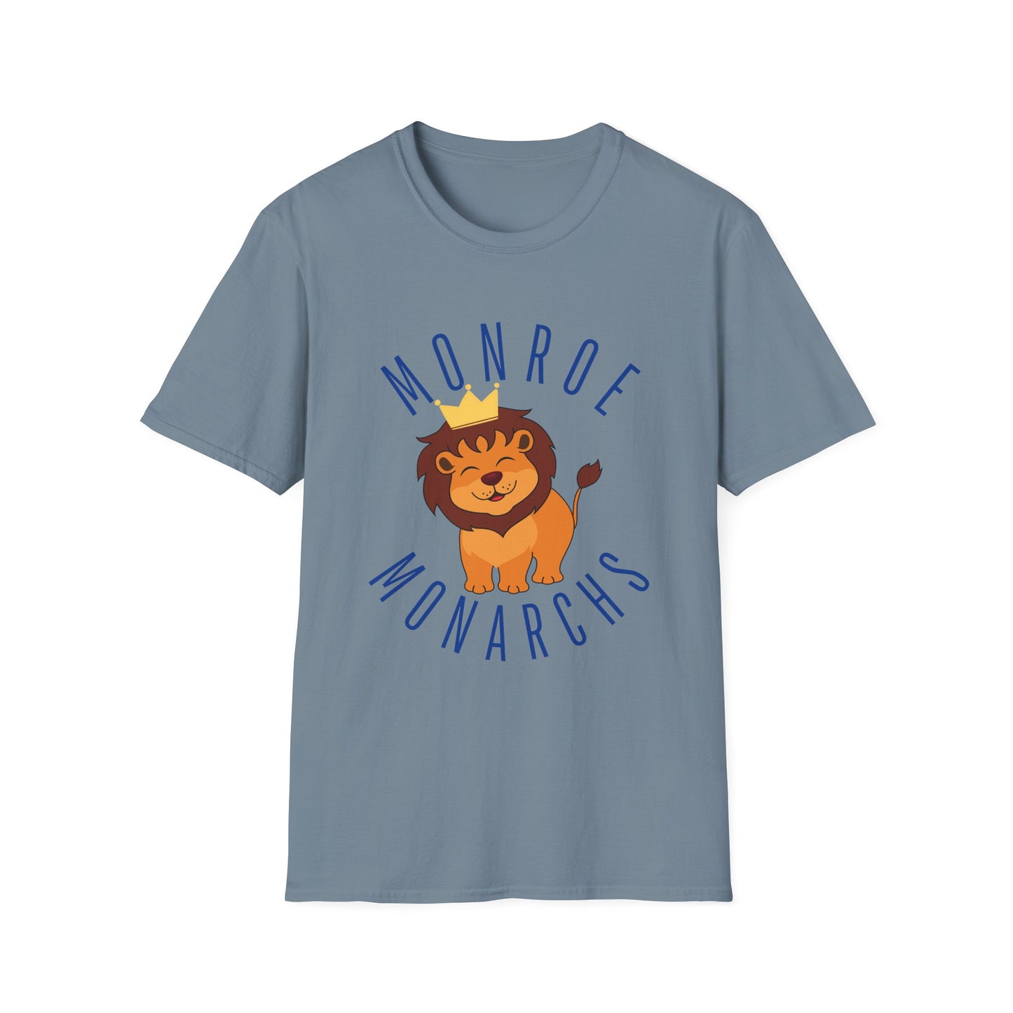Monroe Monarchs in Blue Lettering with Cute Grinning Lion Adult T-Shirt - Fun & Stylish School Spirit Wear