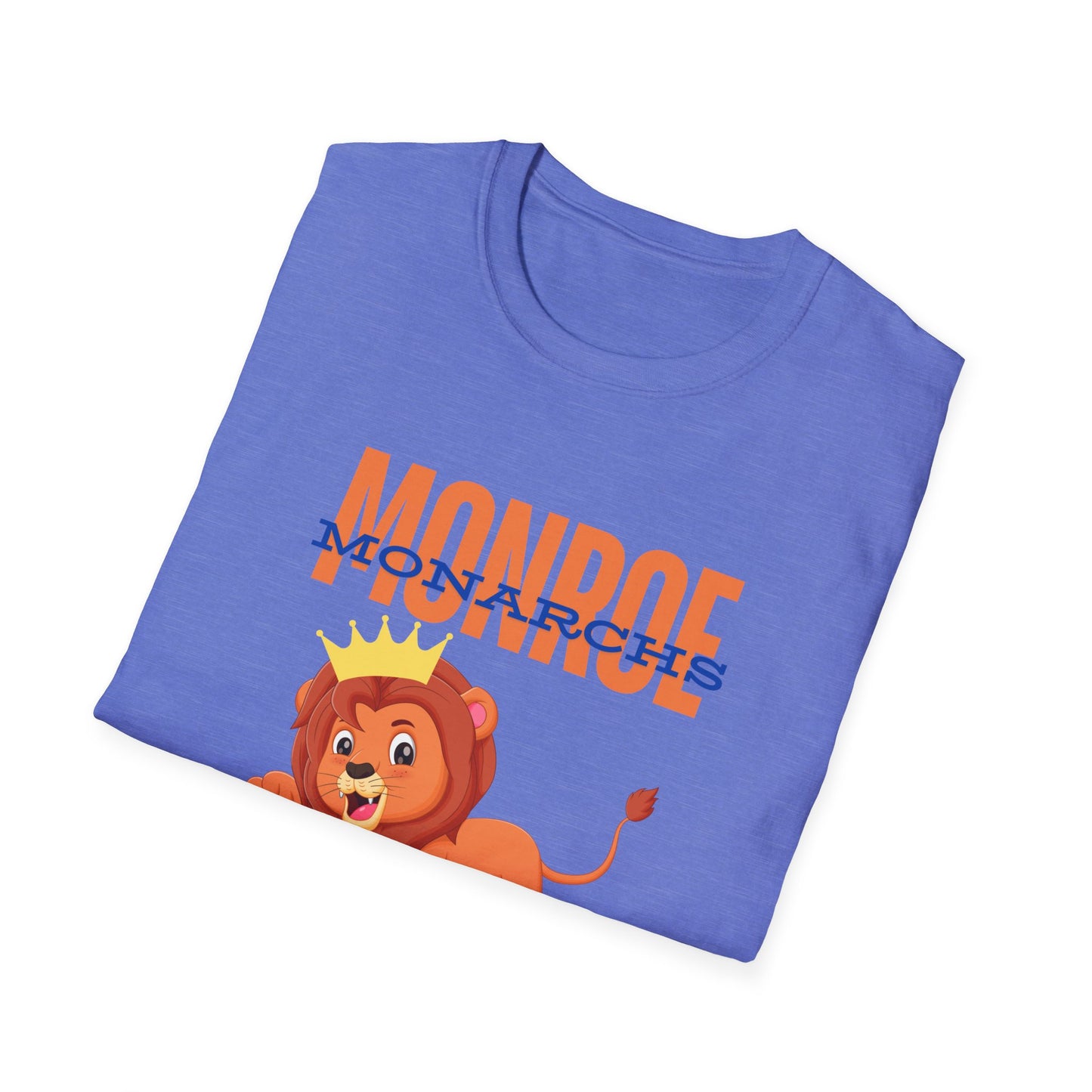 Monroe (Orange) Monarchs (Blue) with Cute Lion Wearing a Crown Leaping Adult Unisex Soft Tshirt
