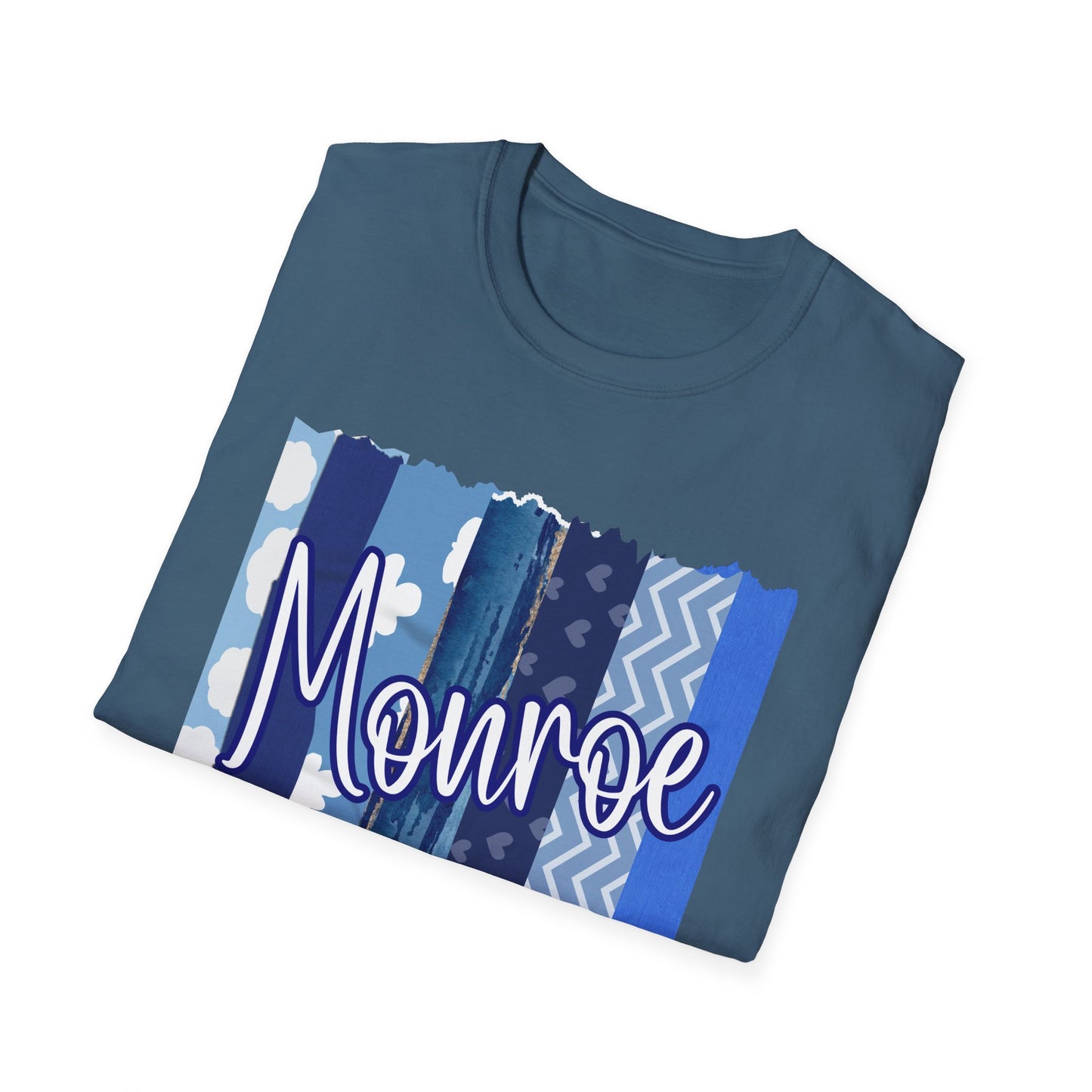 Monroe Blue Patchwork Unisex Softstyle T-Shirt - Perfect for Casual Wear & Gift Giving