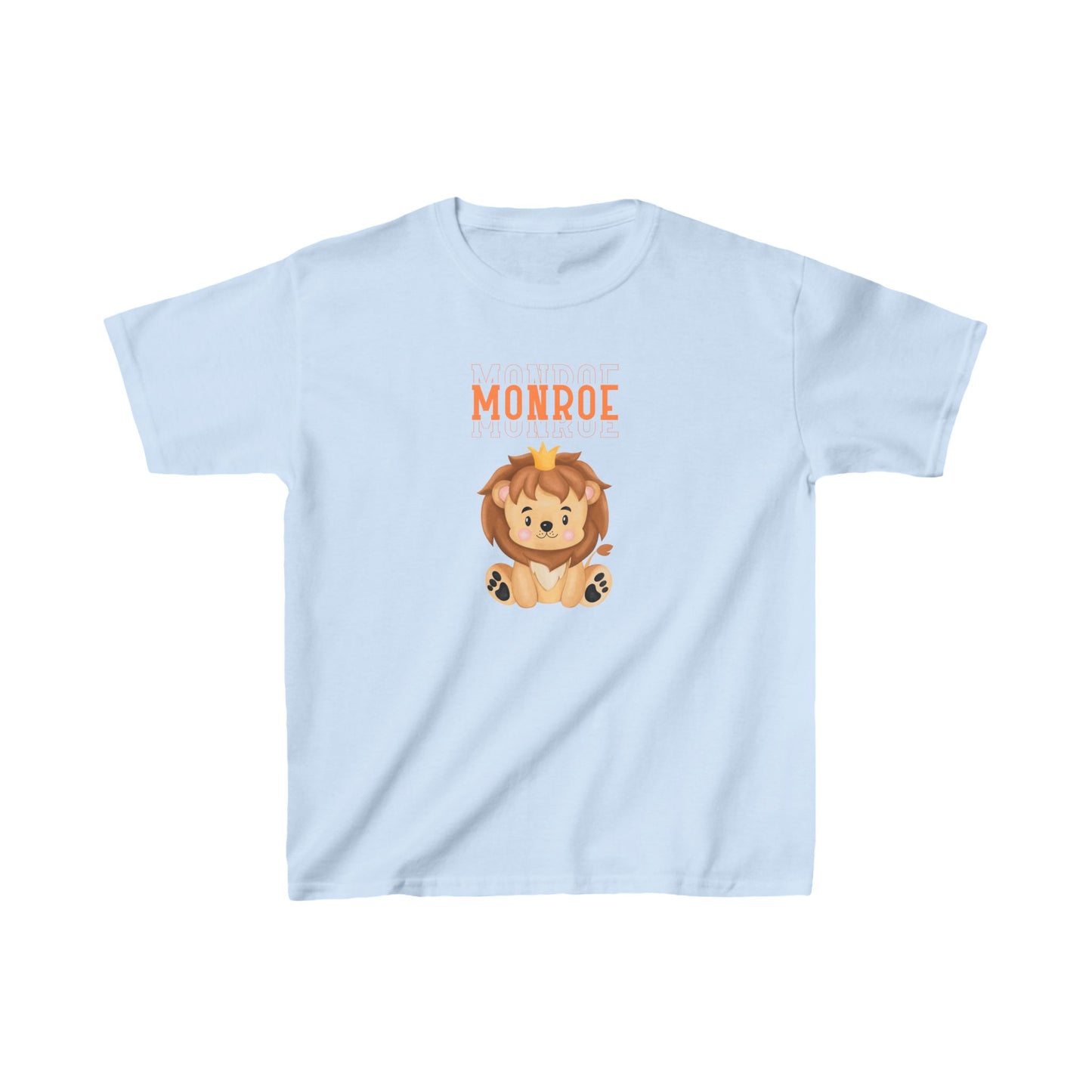 Kids Tee - Cute Lion with Crown and Monroe Lettering in Orange