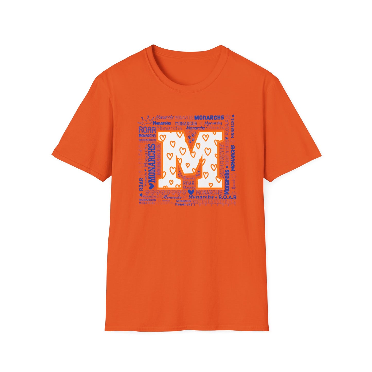 Orange Hearts M Monarch Unisex Softstyle T-Shirt - Perfect for School Spirit and Celebrations
