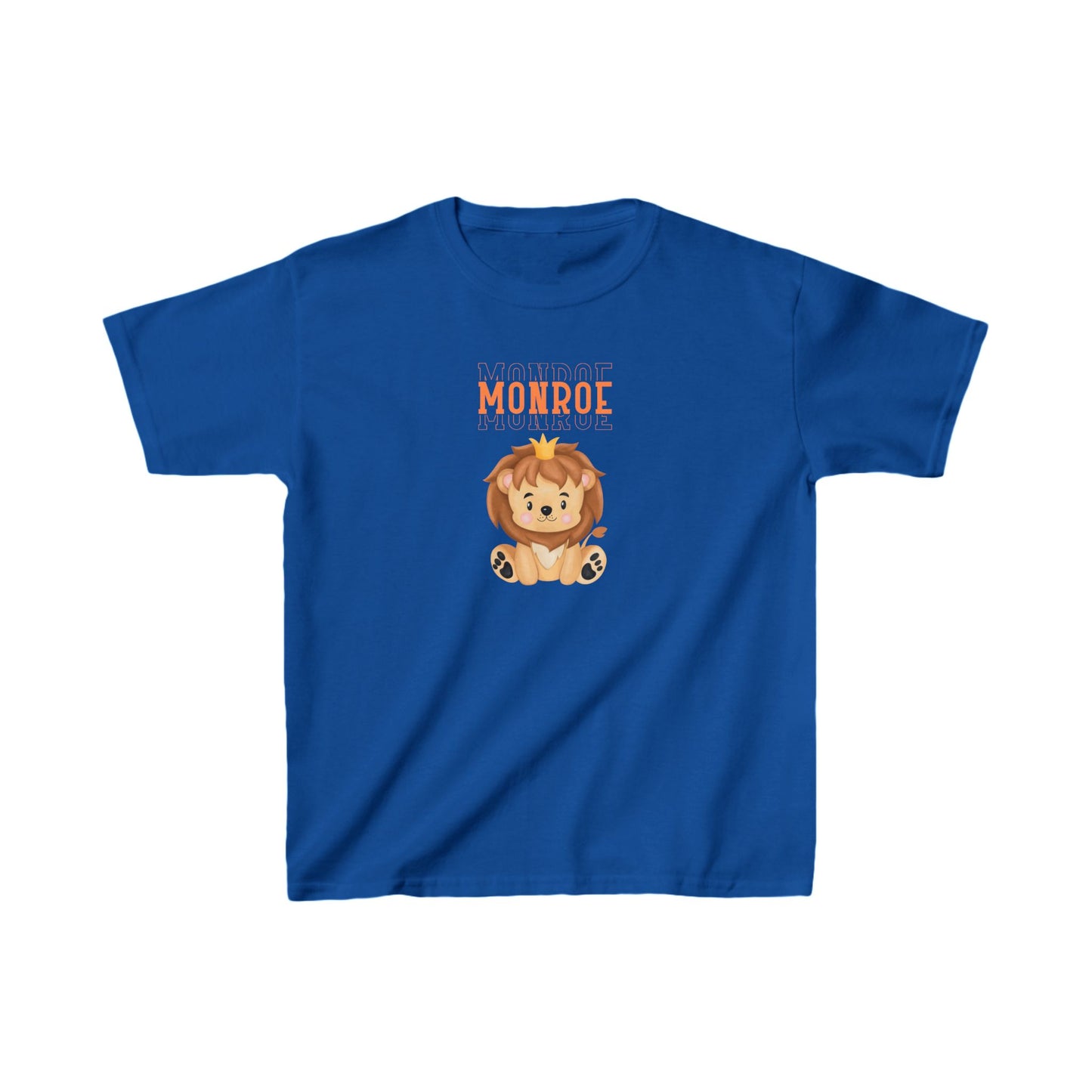Kids Tee - Cute Lion with Crown and Monroe Lettering in Orange