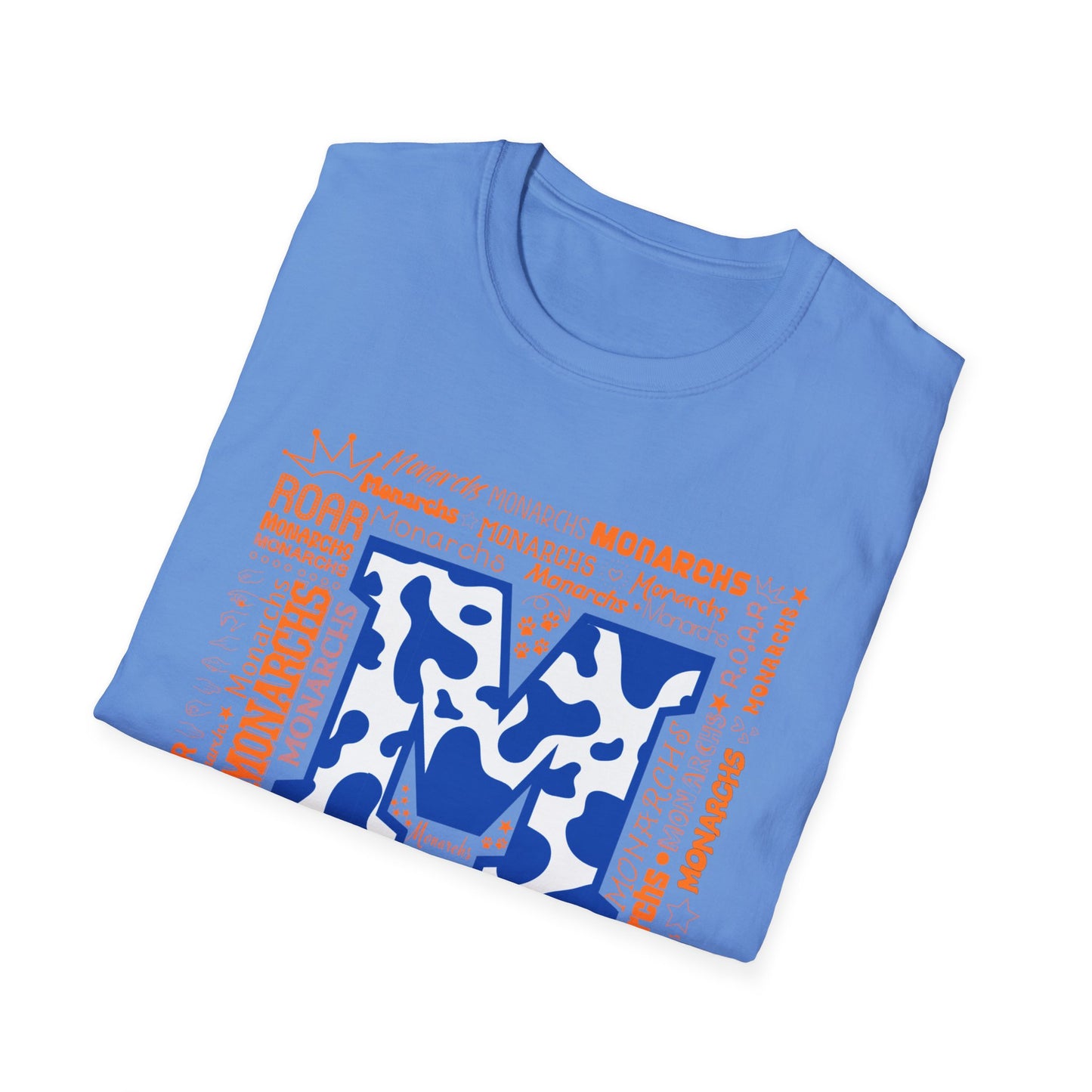 Blue Cow Print M Monarchs Unisex Softstyle T-Shirt - Monarchs Roar Graphic Tee for School Spirit