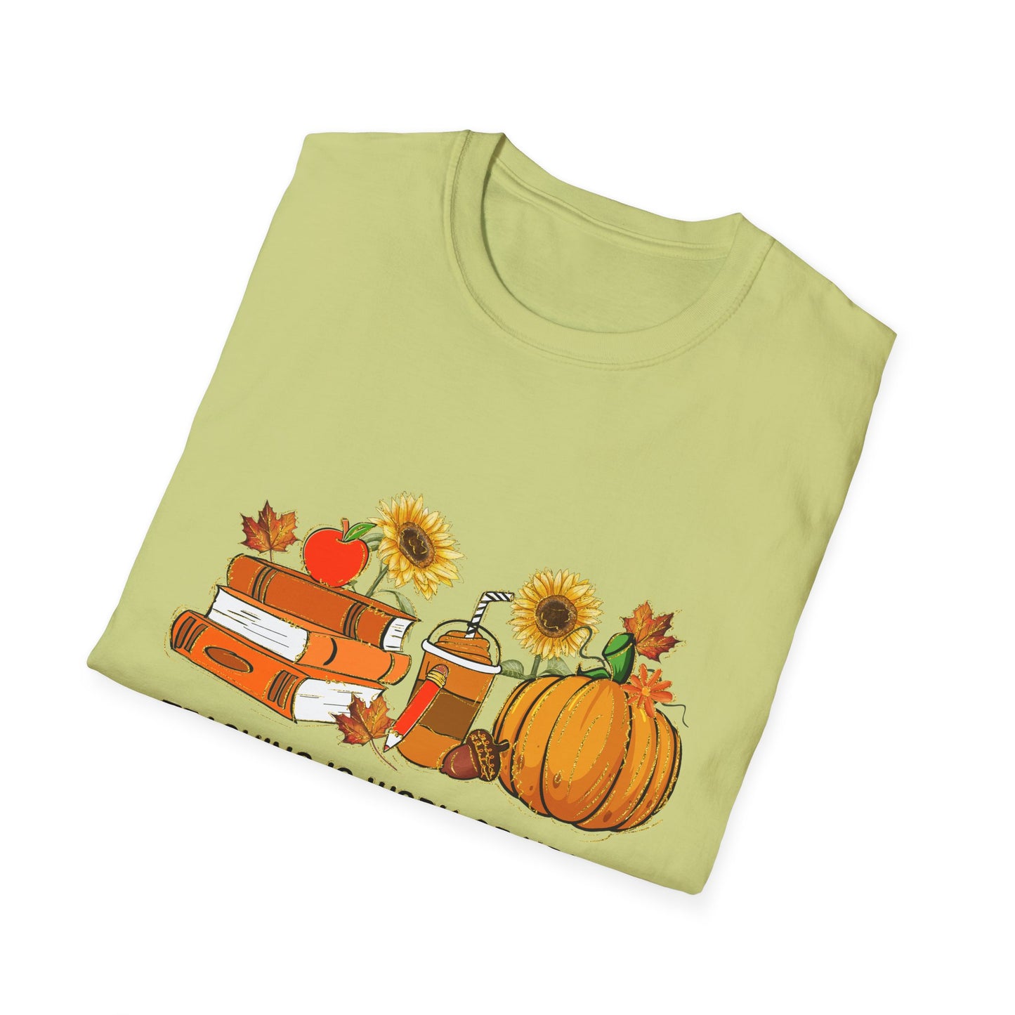 "Teaching is Work of Heart" Fall Teacher Unisex Softstyle T-Shirt - Pumpkin and Sunflower Design for Teachers