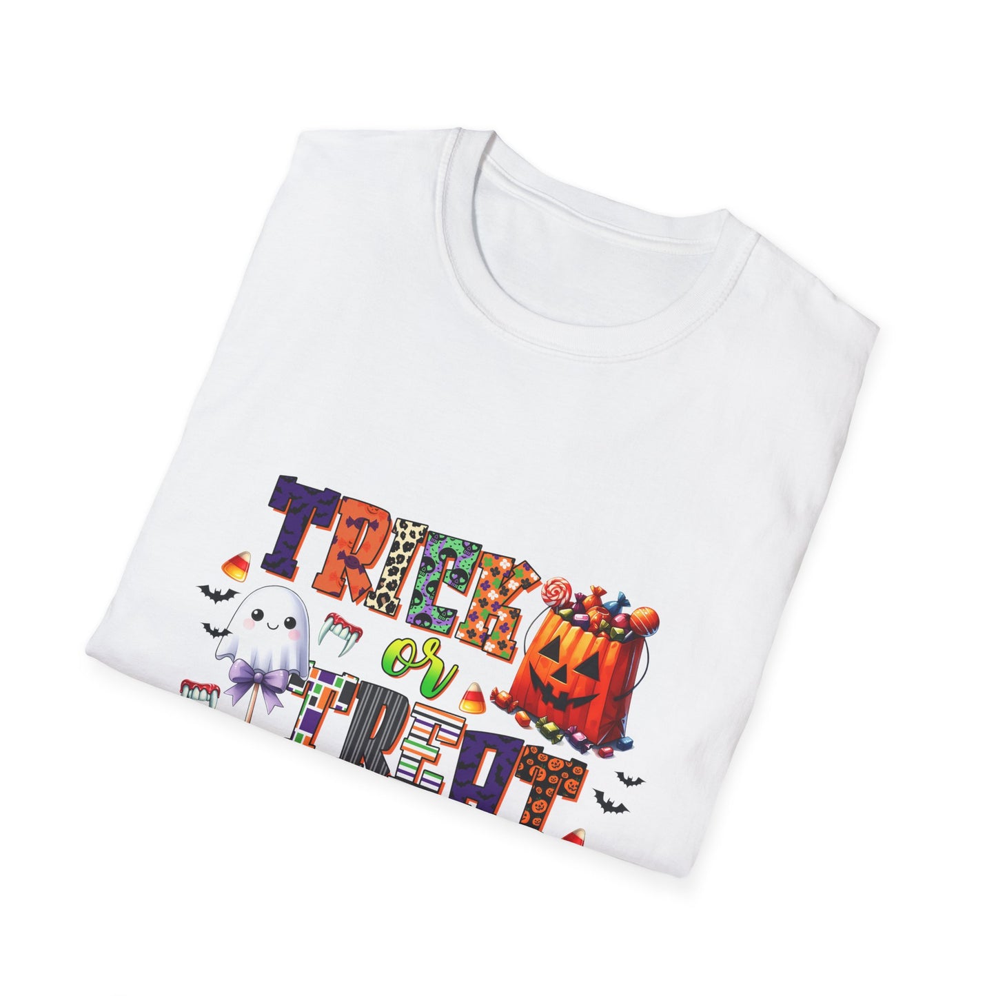 Halloween Trick or Treat T-Shirt - Unisex Softstyle Tee with Ghost and Pumpkin Design