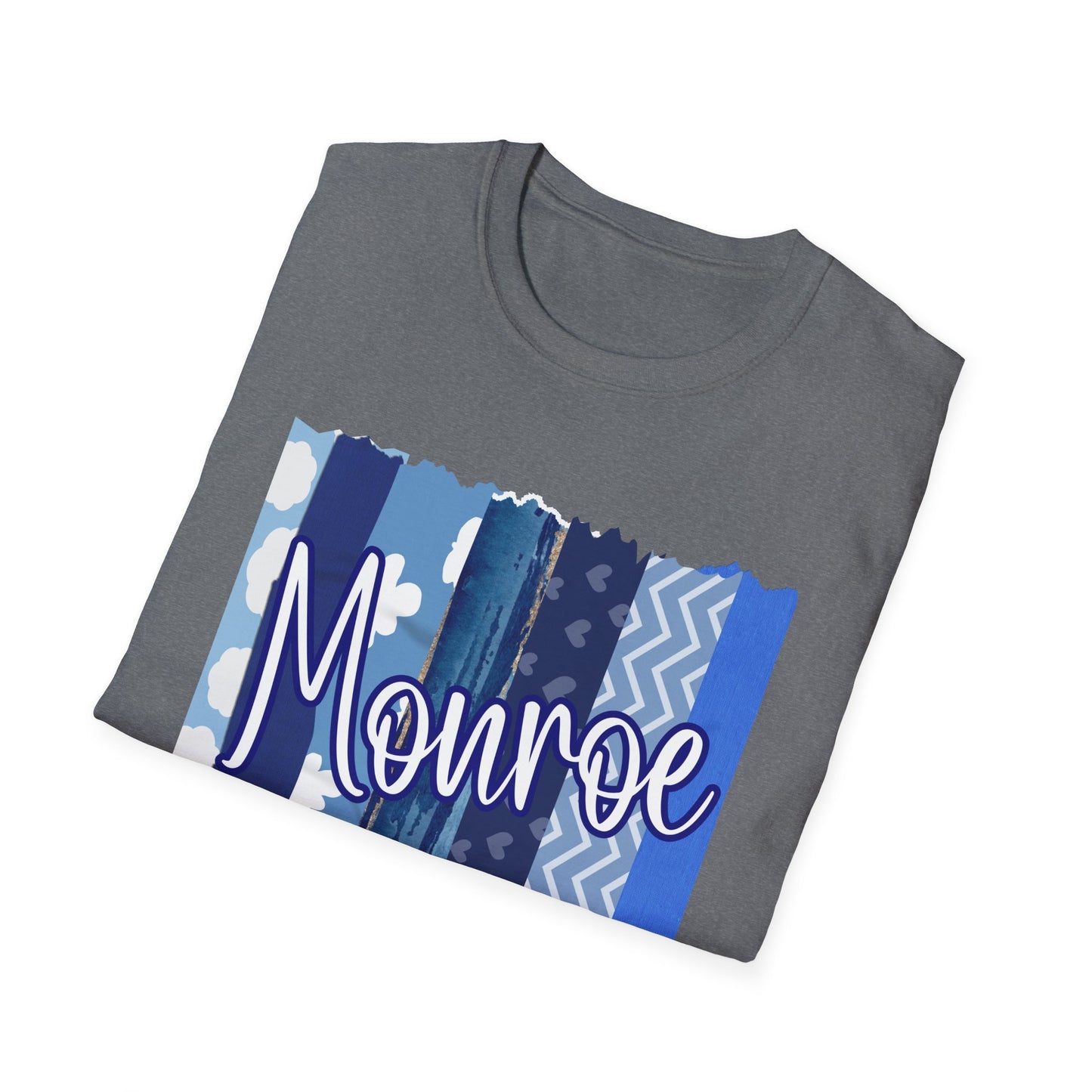 Monroe Blue Patchwork Unisex Softstyle T-Shirt - Perfect for Casual Wear & Gift Giving