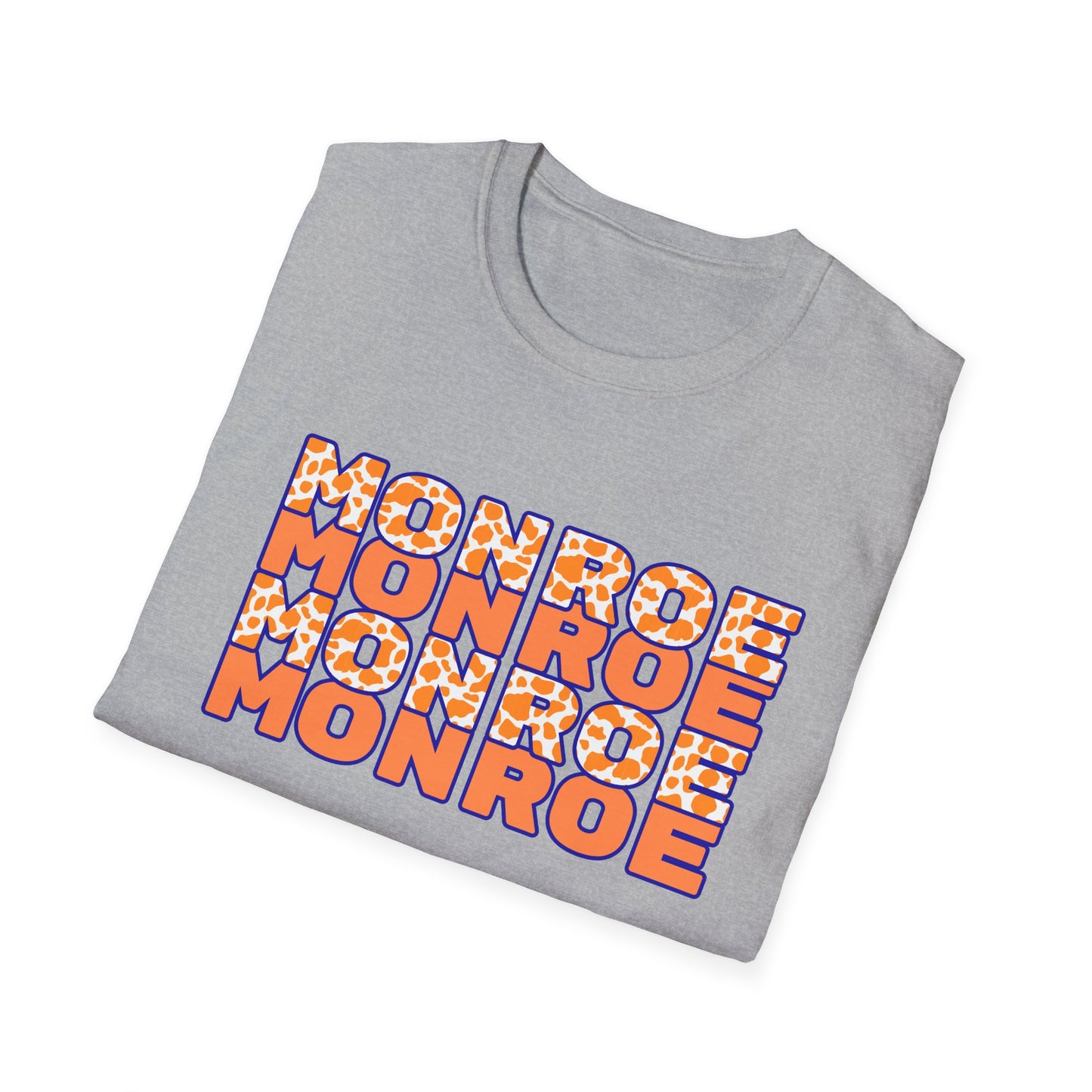 Monroe Cow Print Orange Graphic Unisex Softstyle T-Shirt - Casual Blue Tee for Every Occasion