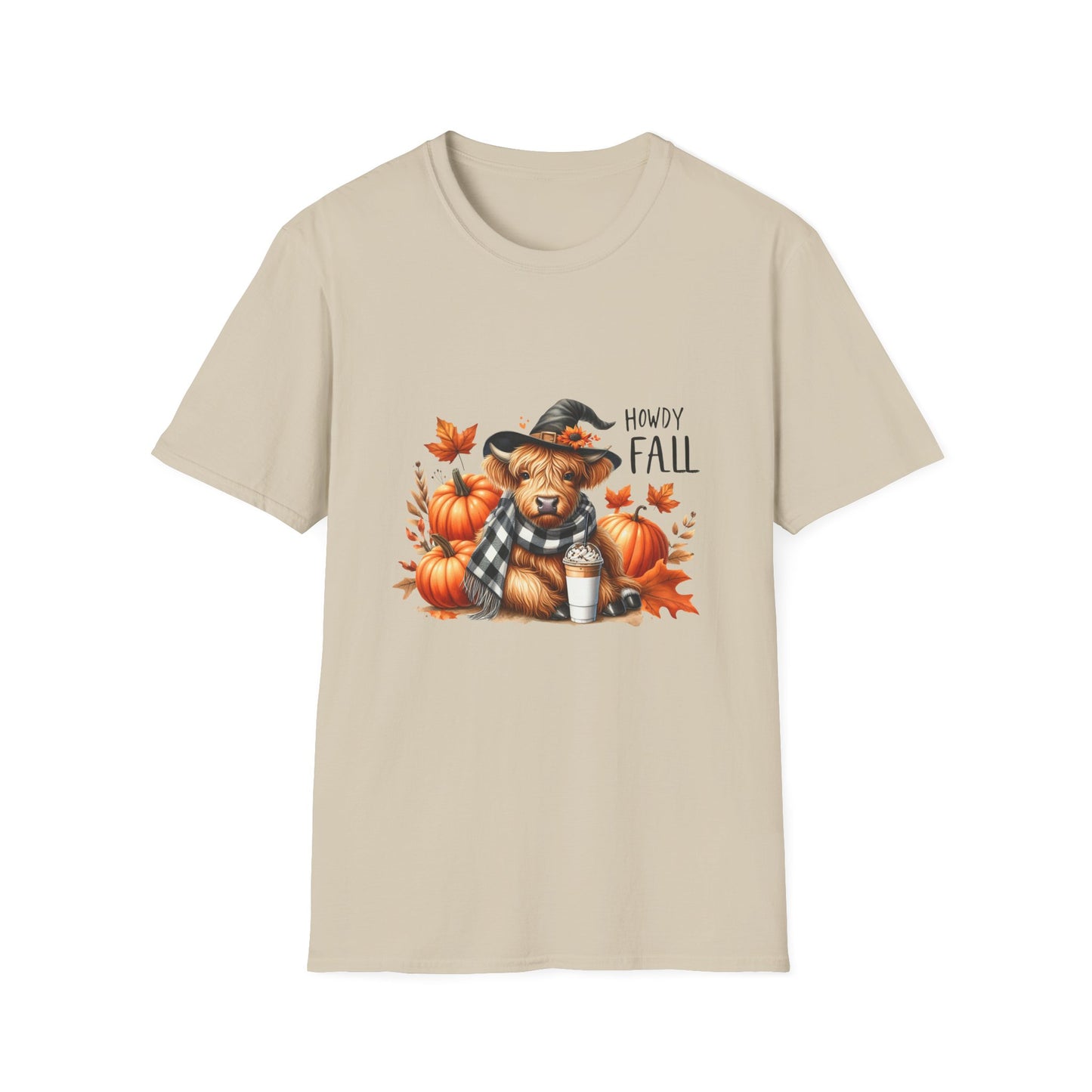 Howdy Fall-Themed Unisex T-Shirt with Cute Cow, Latte, and Pumpkin Design