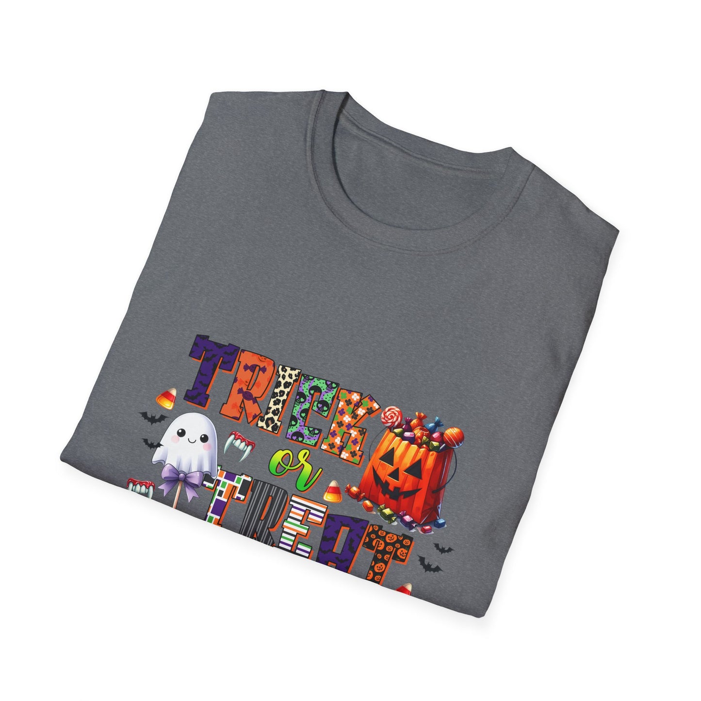 Halloween Trick or Treat T-Shirt - Unisex Softstyle Tee with Ghost and Pumpkin Design