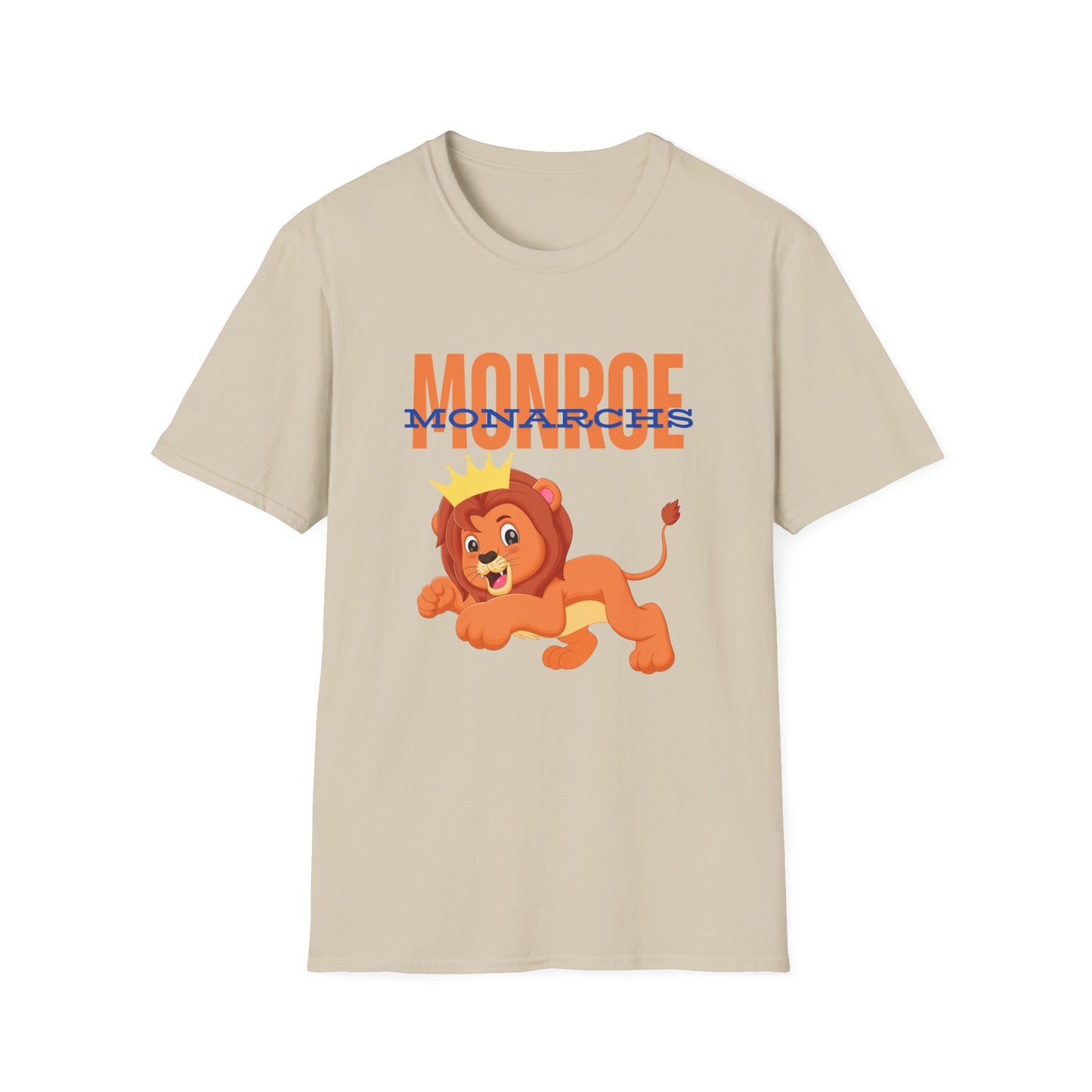 Monroe (Orange) Monarchs (Blue) with Cute Lion Wearing a Crown Leaping Adult Unisex Soft Tshirt