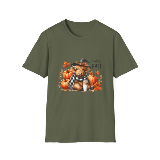 Howdy Fall-Themed Unisex T-Shirt with Cute Cow, Latte, and Pumpkin Design