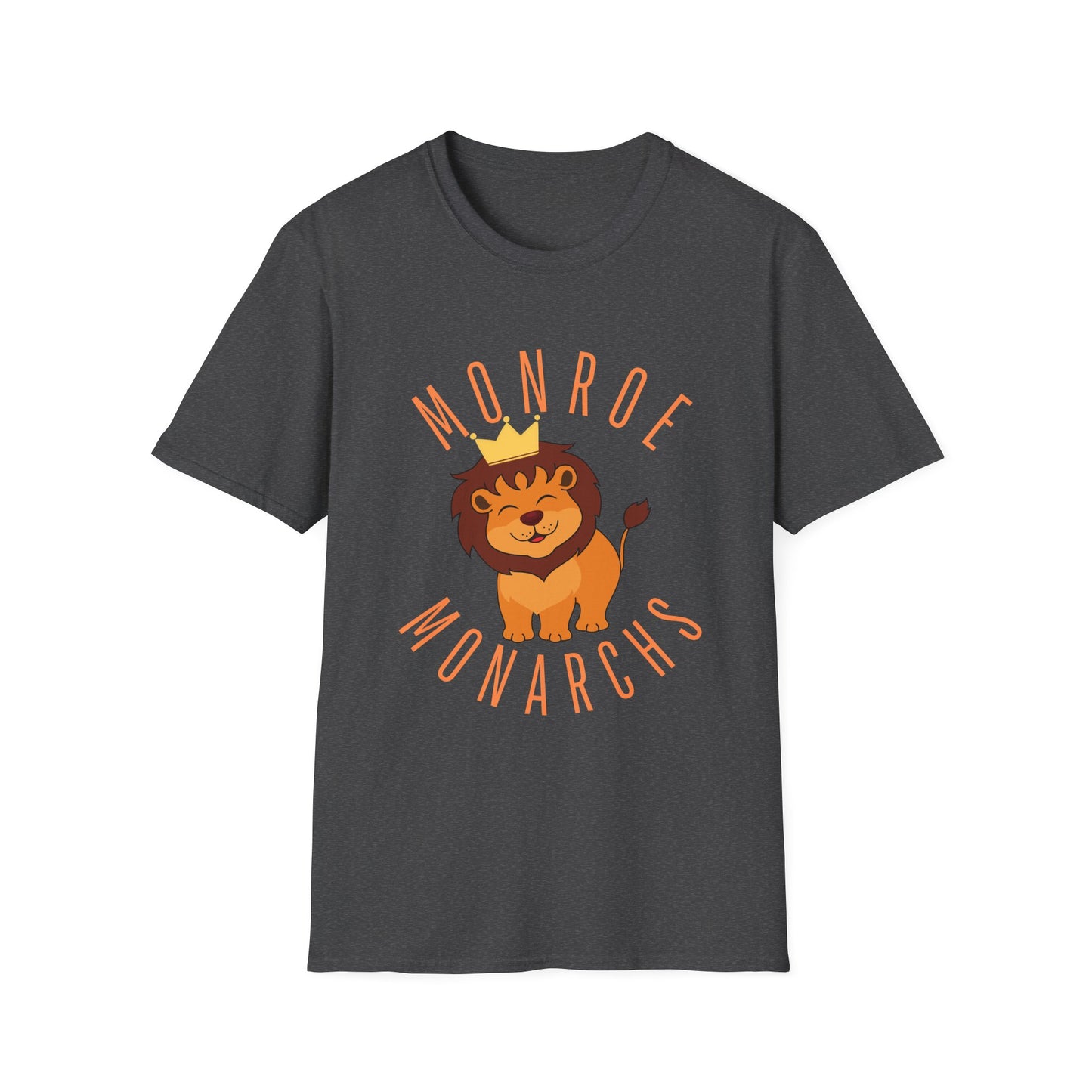 Monroe Monarchs (Orange Lettering) with Cute Grinning Lion Adult Unisex Softstyle T-Shirt