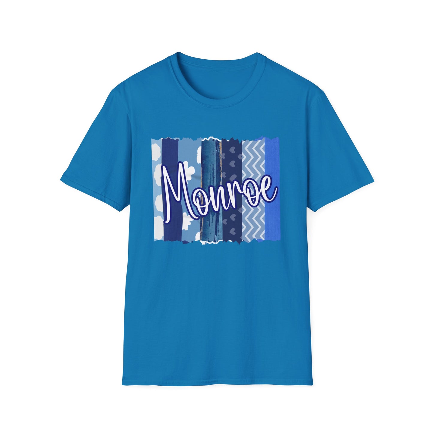 Monroe Blue Patchwork Unisex Softstyle T-Shirt - Perfect for Casual Wear & Gift Giving