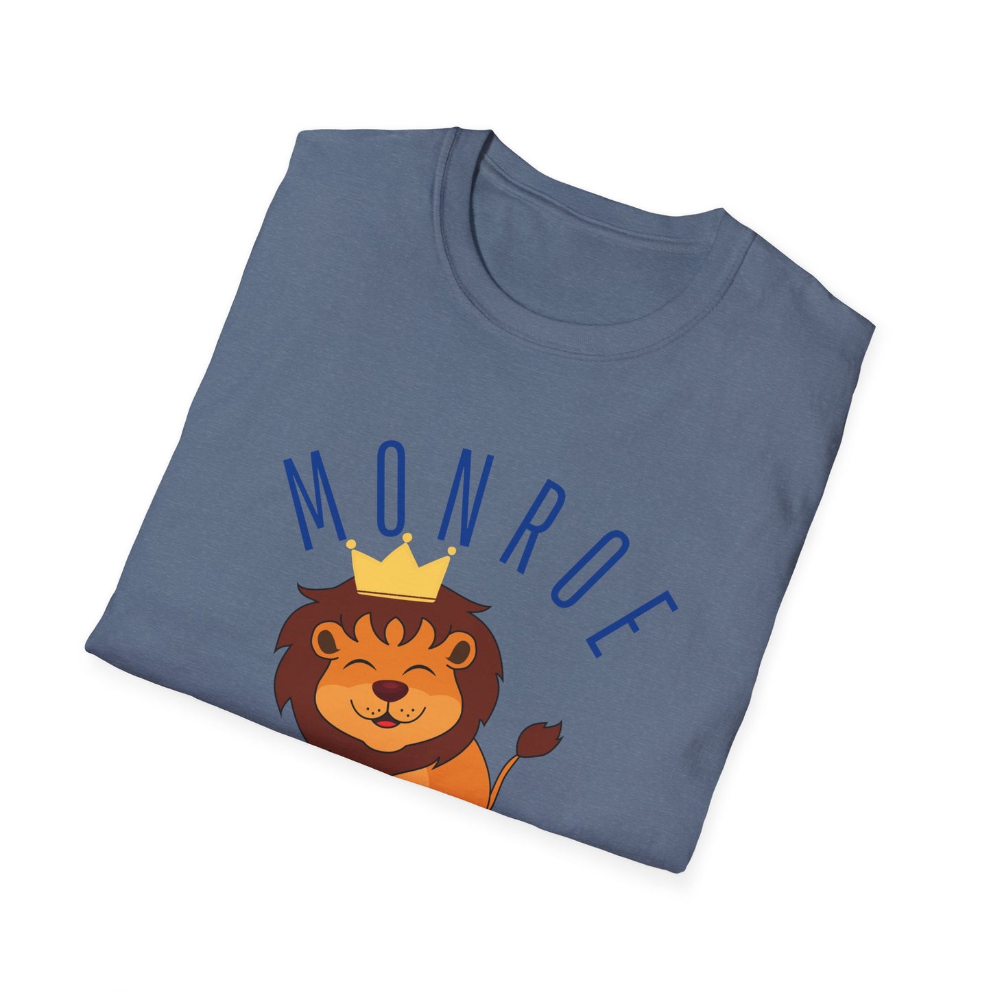 Monroe Monarchs in Blue Lettering with Cute Grinning Lion Adult T-Shirt - Fun & Stylish School Spirit Wear