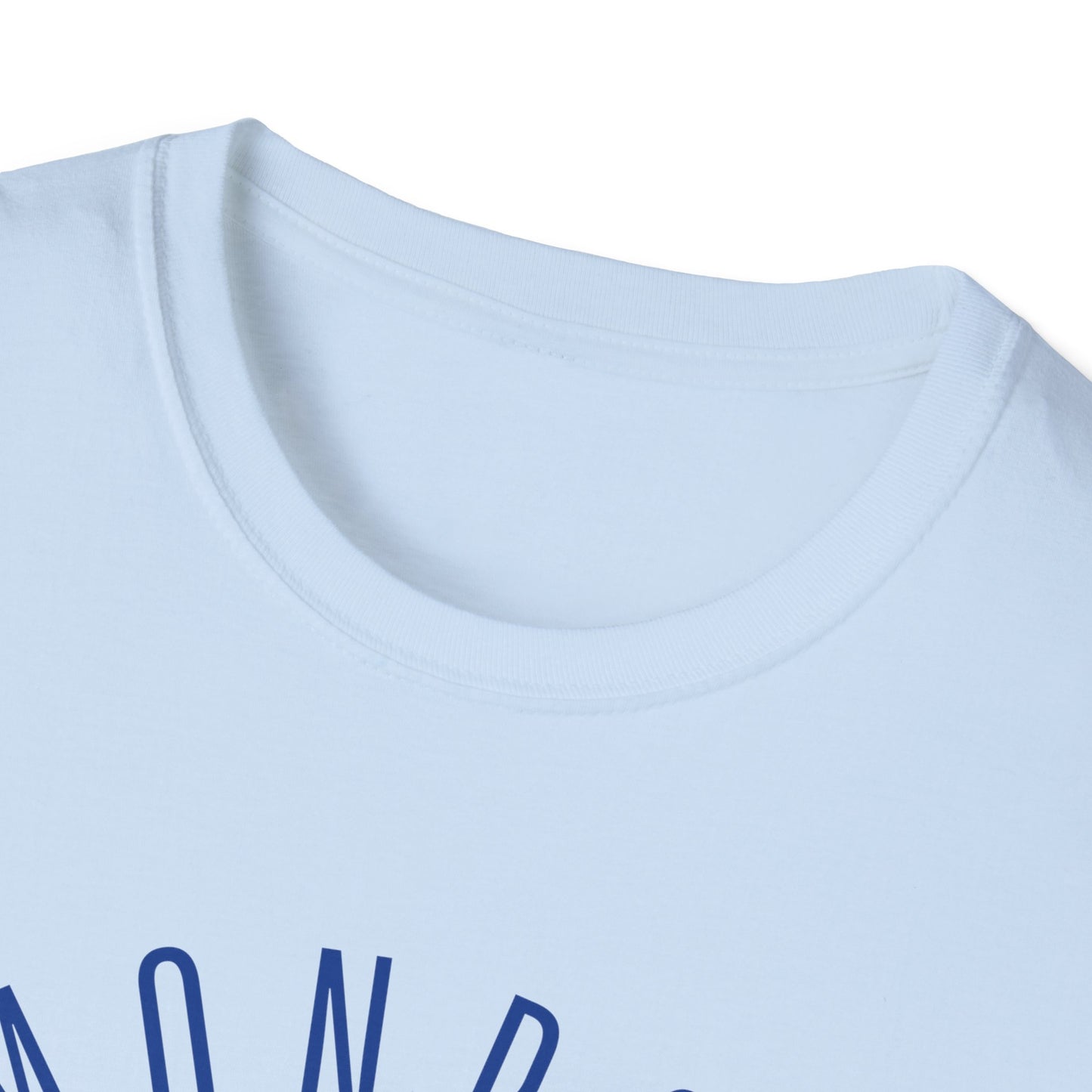 Monroe Monarchs in Blue Lettering with Cute Grinning Lion Adult T-Shirt - Fun & Stylish School Spirit Wear