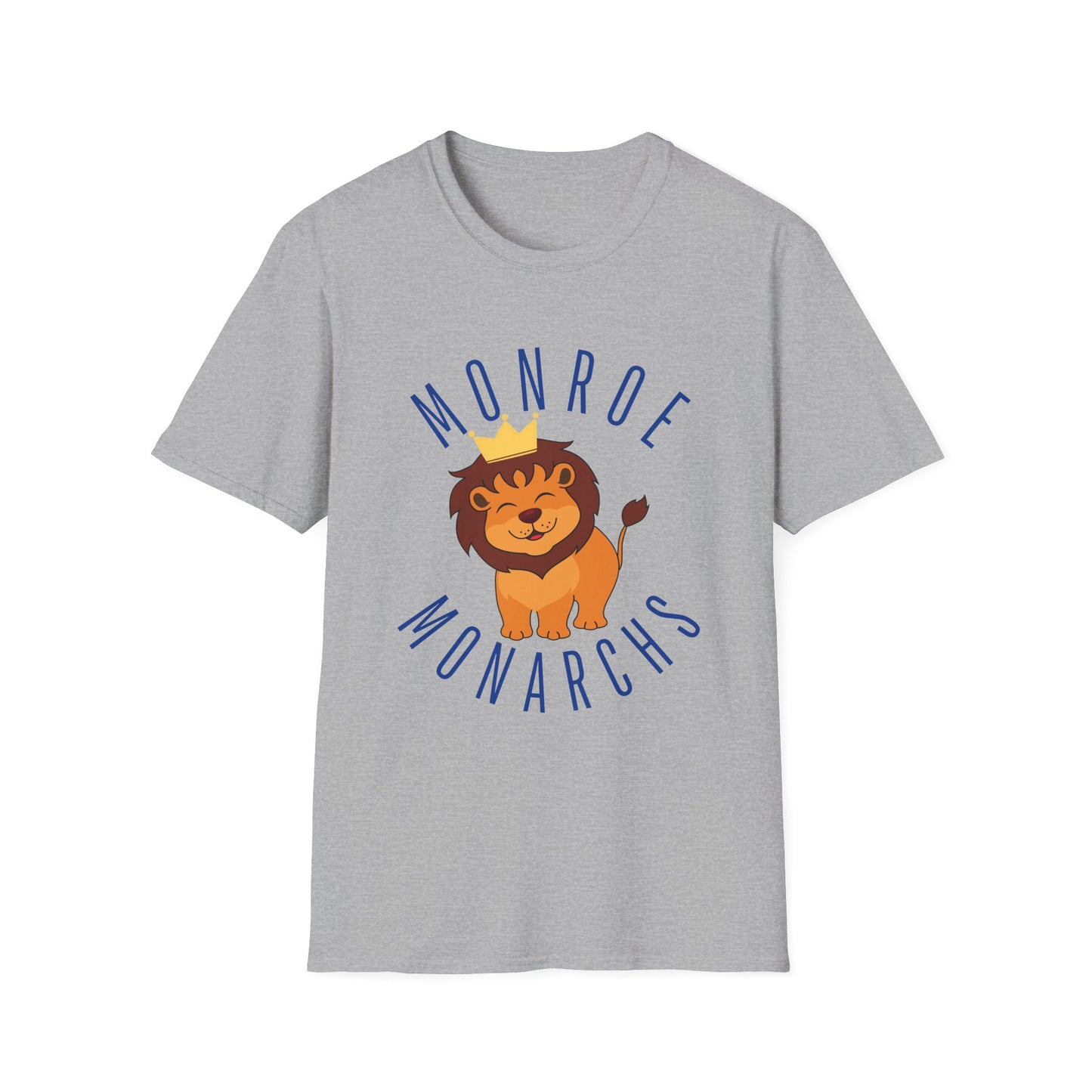 Monroe Monarchs in Blue Lettering with Cute Grinning Lion Adult T-Shirt - Fun & Stylish School Spirit Wear