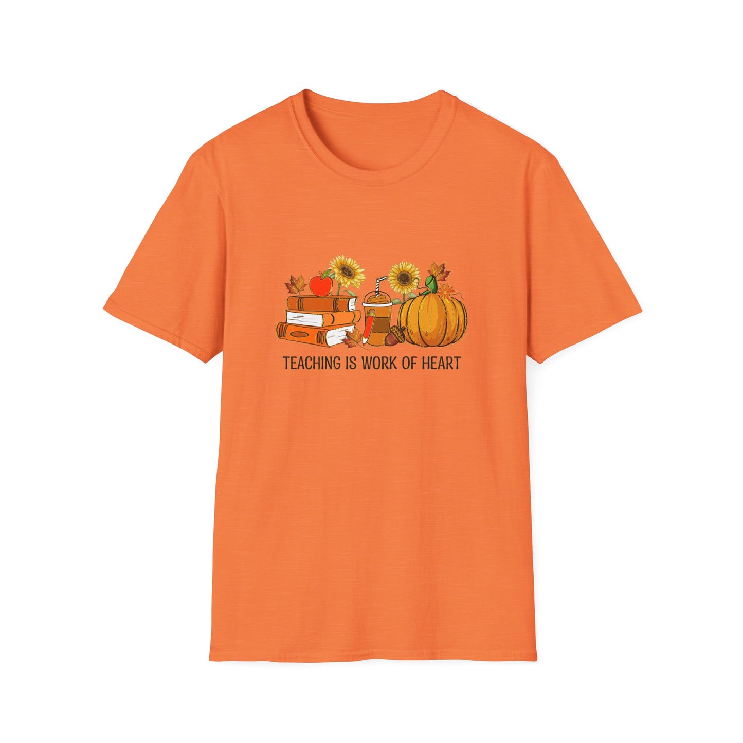 "Teaching is Work of Heart" Fall Teacher Unisex Softstyle T-Shirt - Pumpkin and Sunflower Design for Teachers