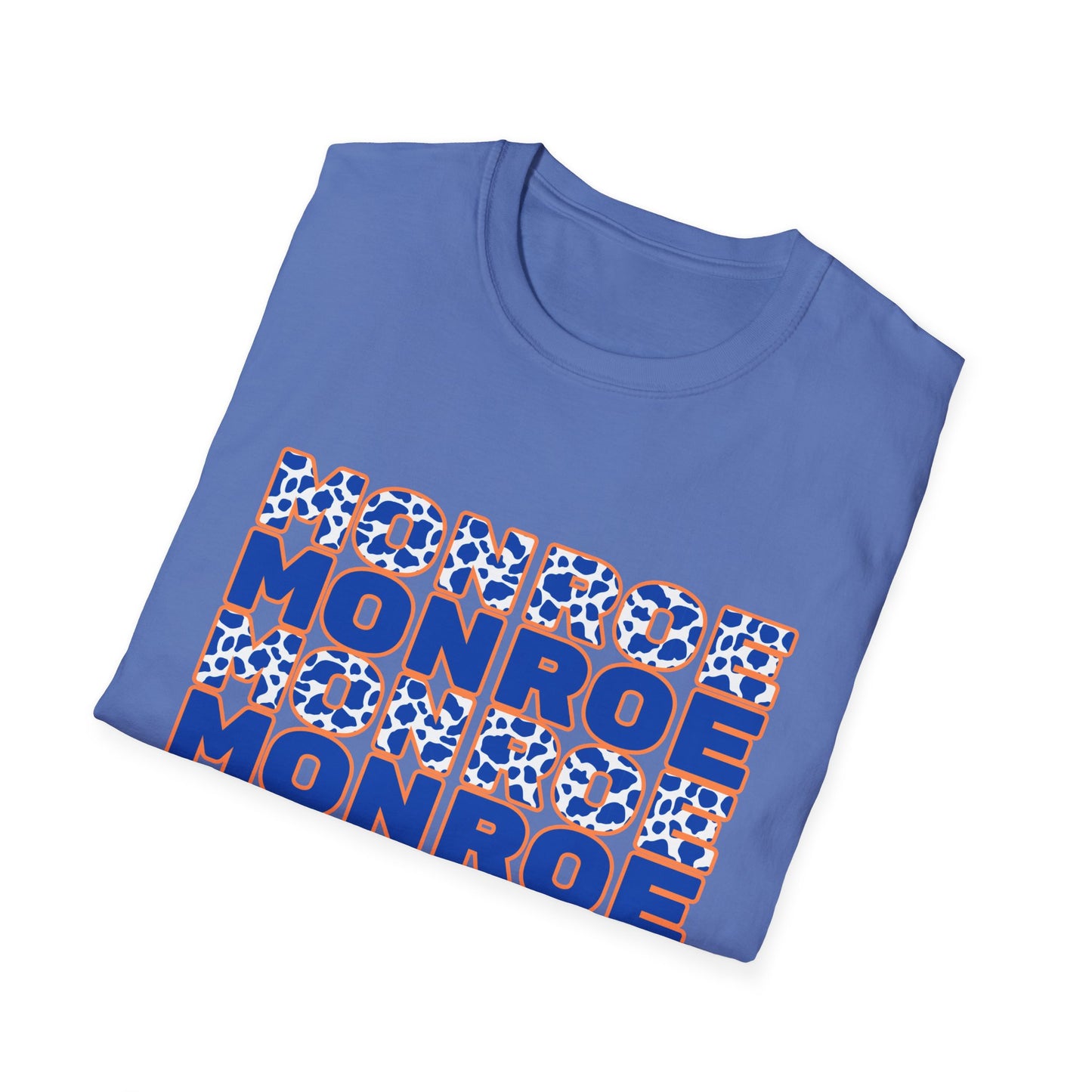Monroe Graphic Blue Cow Print Unisex Softstyle T-Shirt - Casual Everyday Wear