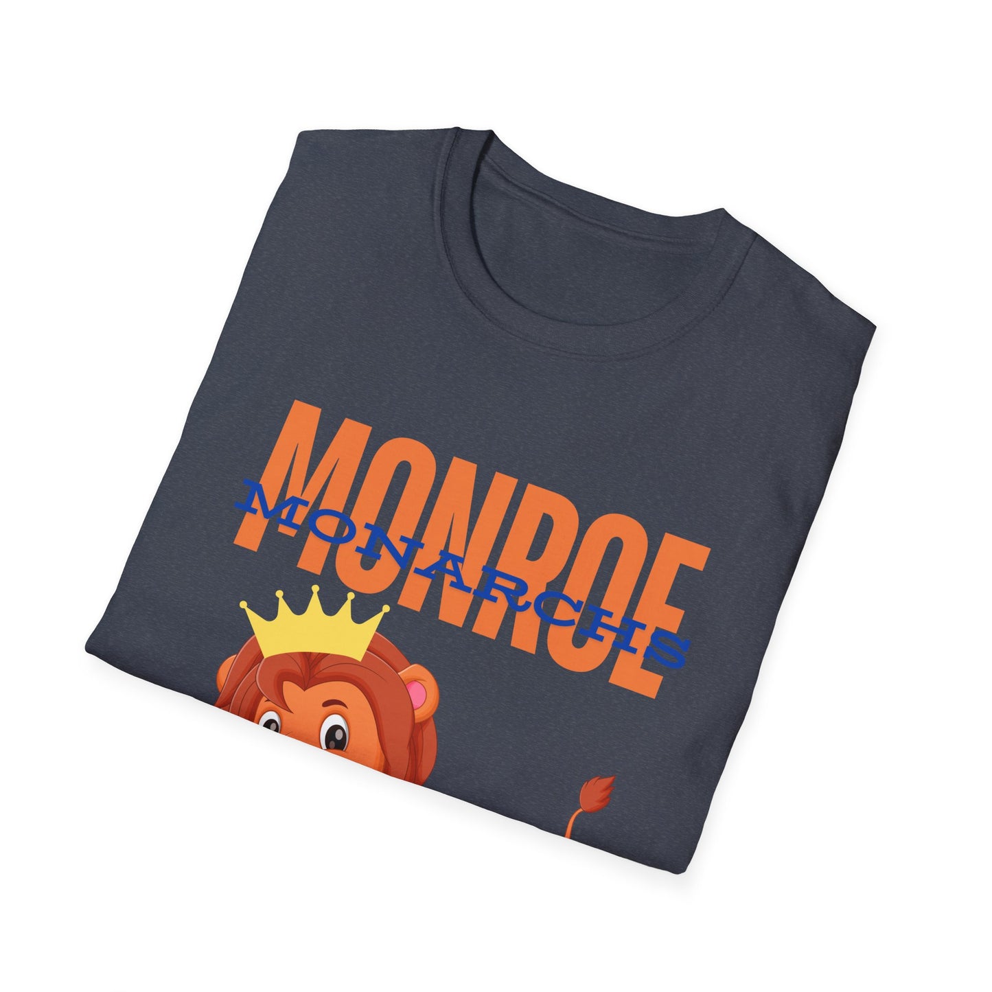 Monroe (Orange) Monarchs (Blue) with Cute Lion Wearing a Crown Leaping Adult Unisex Soft Tshirt