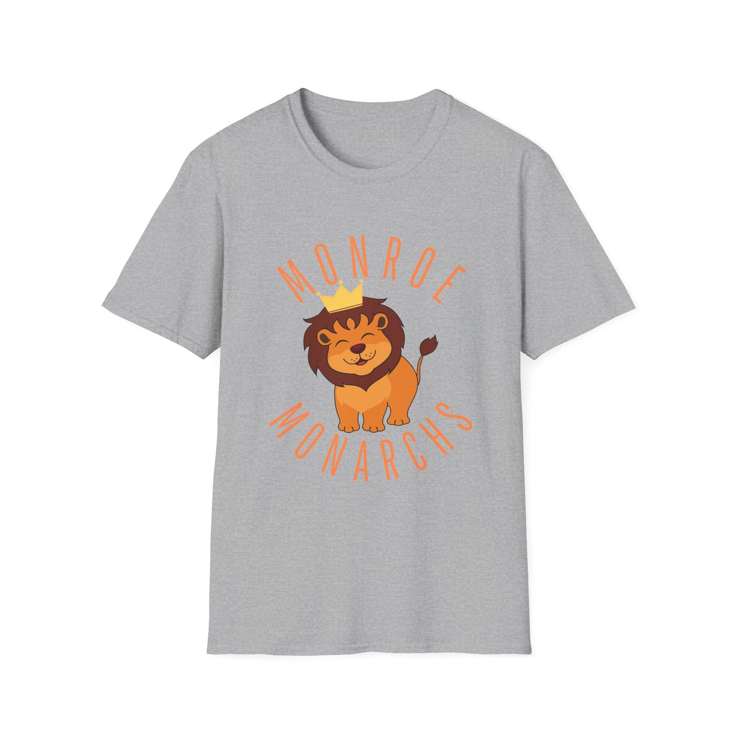Monroe Monarchs (Orange Lettering) with Cute Grinning Lion Adult Unisex Softstyle T-Shirt