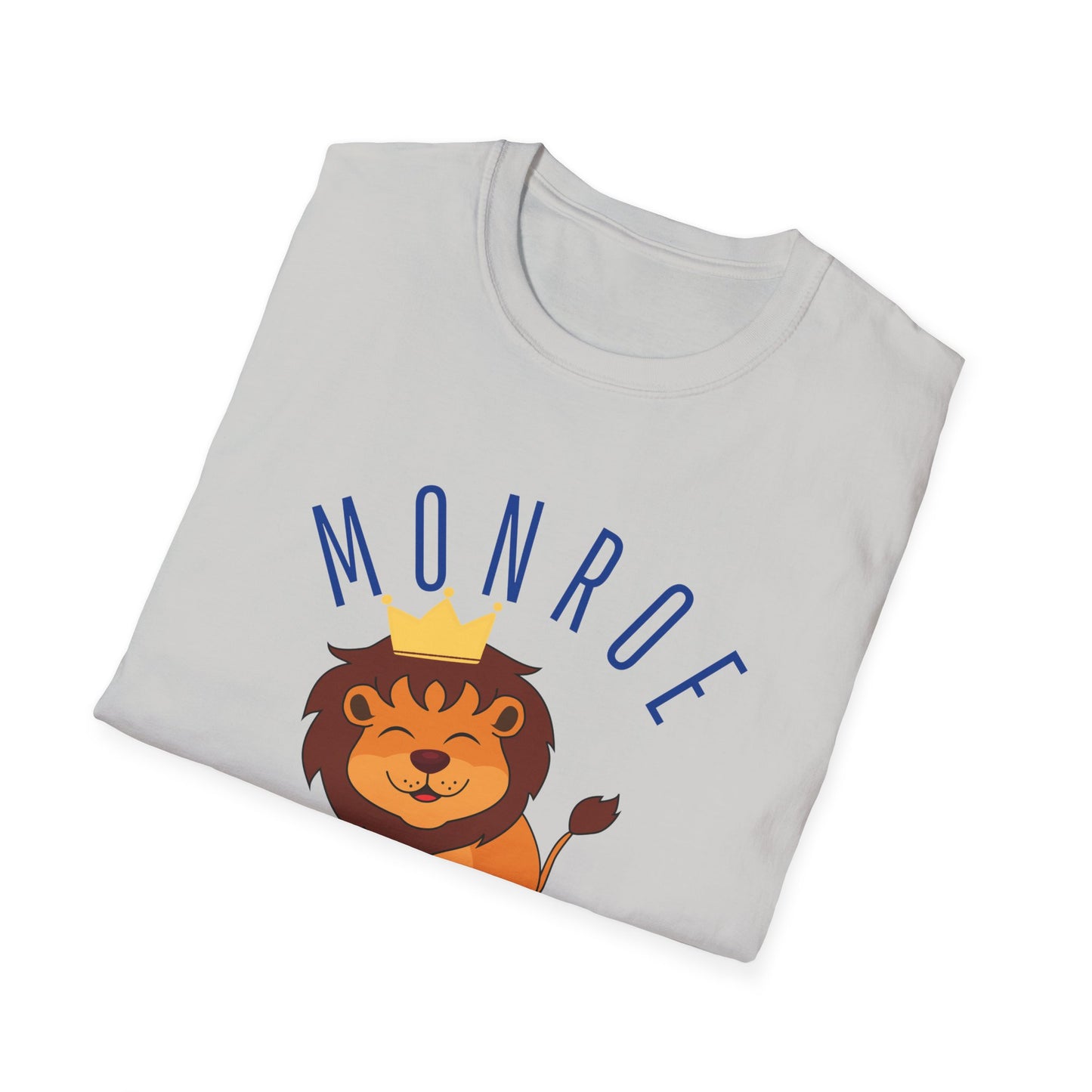 Monroe Monarchs in Blue Lettering with Cute Grinning Lion Adult T-Shirt - Fun & Stylish School Spirit Wear