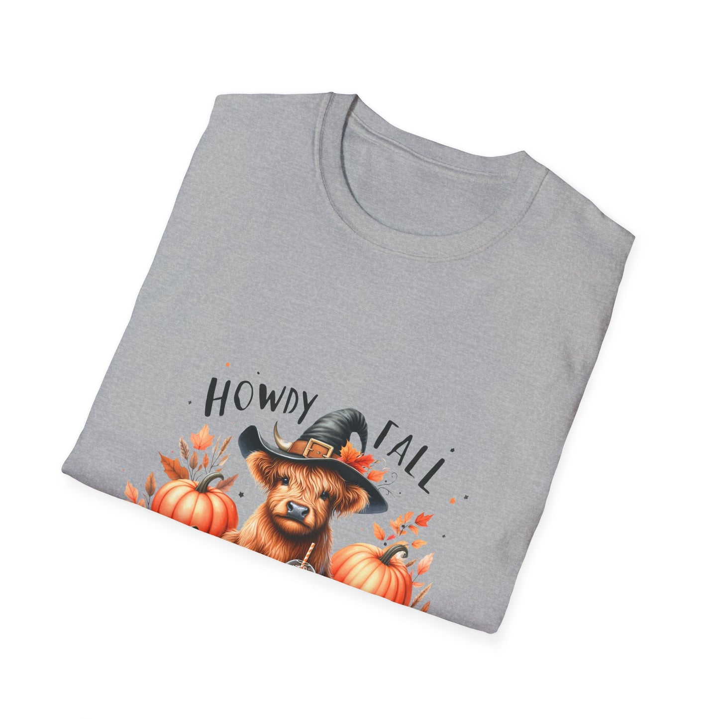 Halloween Cow with Latte Unisex Softstyle T-Shirt - "Howdy Fall" Design