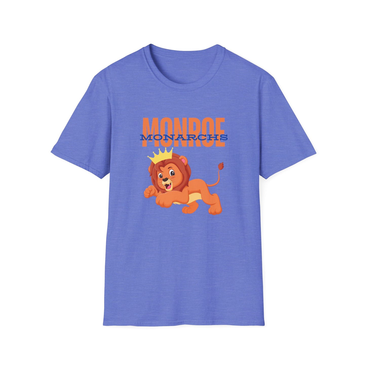Monroe (Orange) Monarchs (Blue) with Cute Lion Wearing a Crown Leaping Adult Unisex Soft Tshirt