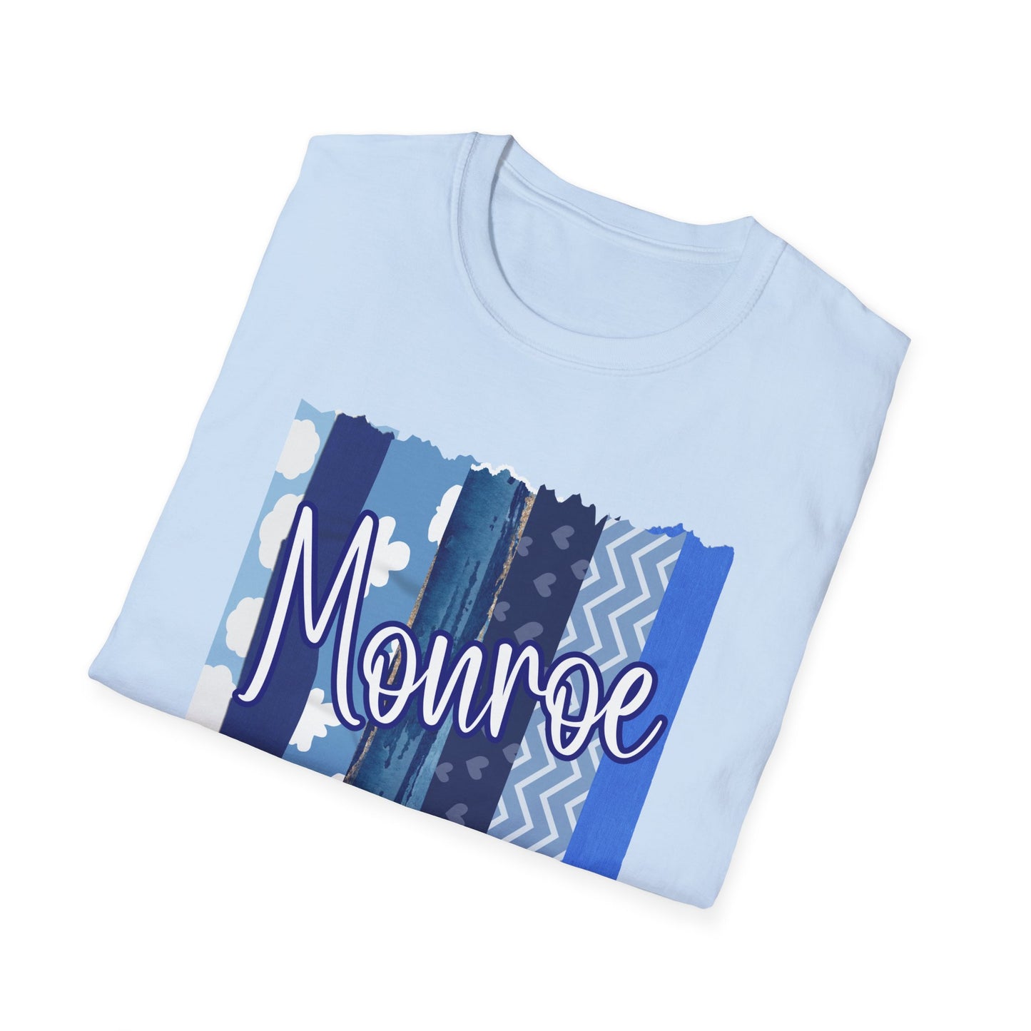 Monroe Blue Patchwork Unisex Softstyle T-Shirt - Perfect for Casual Wear & Gift Giving