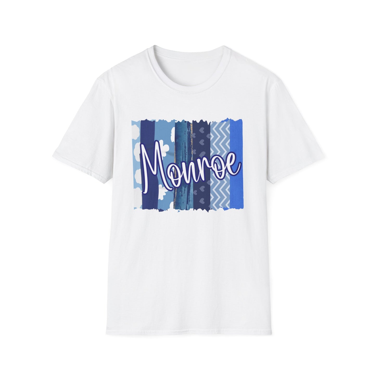 Monroe Blue Patchwork Unisex Softstyle T-Shirt - Perfect for Casual Wear & Gift Giving
