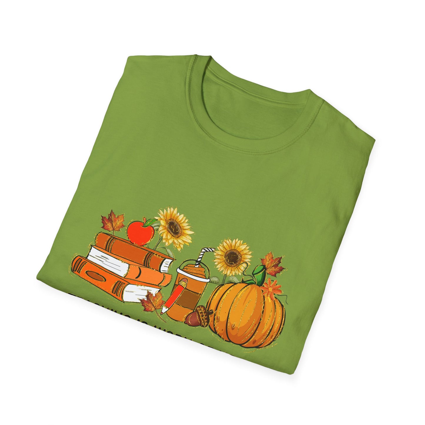 "Teaching is Work of Heart" Fall Teacher Unisex Softstyle T-Shirt - Pumpkin and Sunflower Design for Teachers