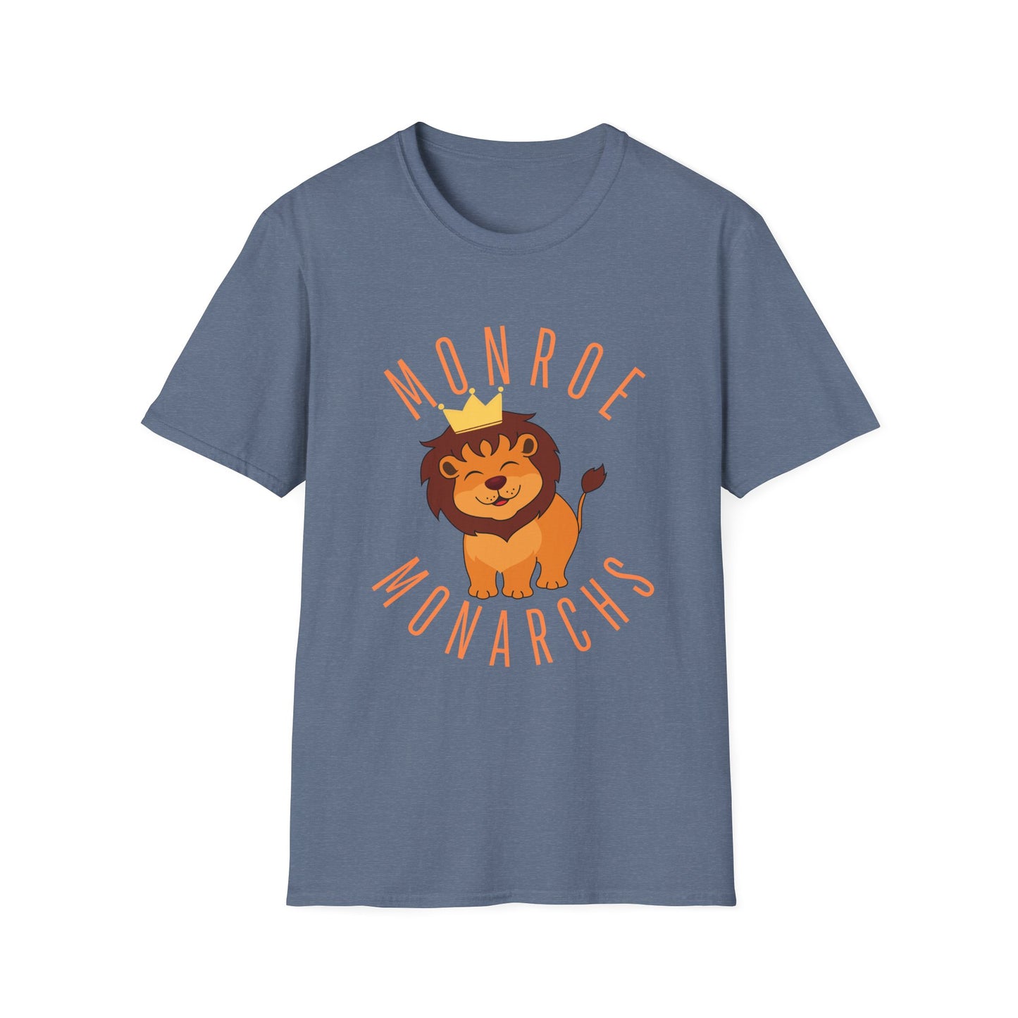 Monroe Monarchs (Orange Lettering) with Cute Grinning Lion Adult Unisex Softstyle T-Shirt
