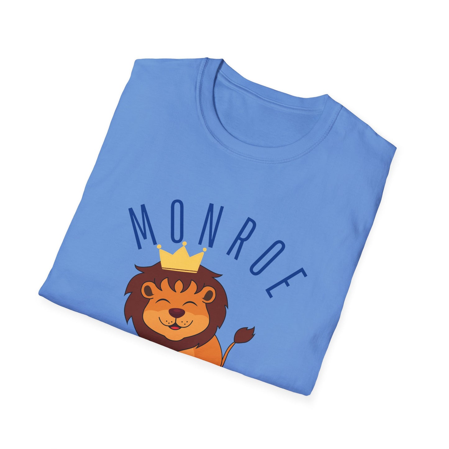 Monroe Monarchs in Blue Lettering with Cute Grinning Lion Adult T-Shirt - Fun & Stylish School Spirit Wear