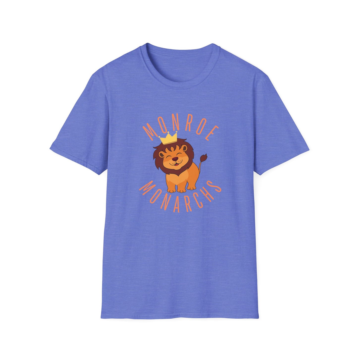 Monroe Monarchs (Orange Lettering) with Cute Grinning Lion Adult Unisex Softstyle T-Shirt