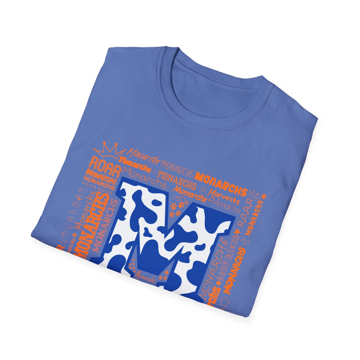 Blue Cow Print M Monarchs Unisex Softstyle T-Shirt - Monarchs Roar Graphic Tee for School Spirit