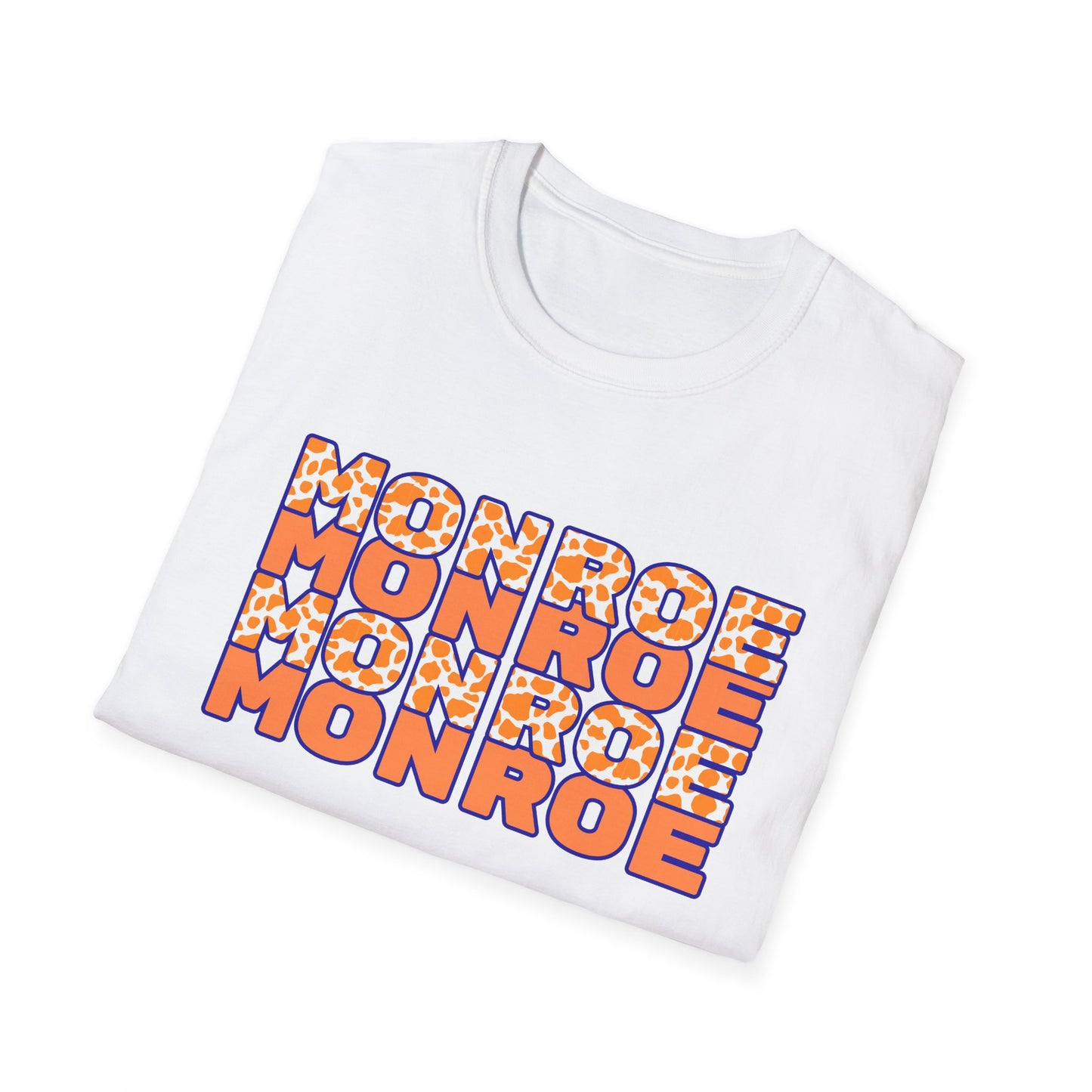 Monroe Cow Print Orange Graphic Unisex Softstyle T-Shirt - Casual Blue Tee for Every Occasion