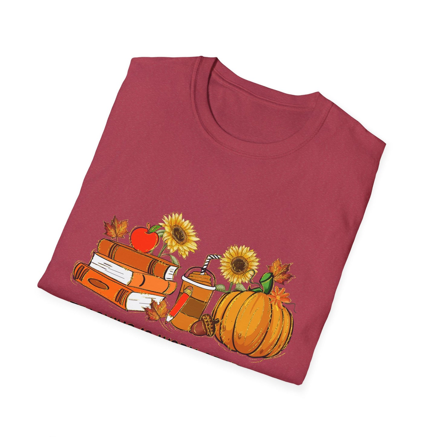 "Teaching is Work of Heart" Fall Teacher Unisex Softstyle T-Shirt - Pumpkin and Sunflower Design for Teachers