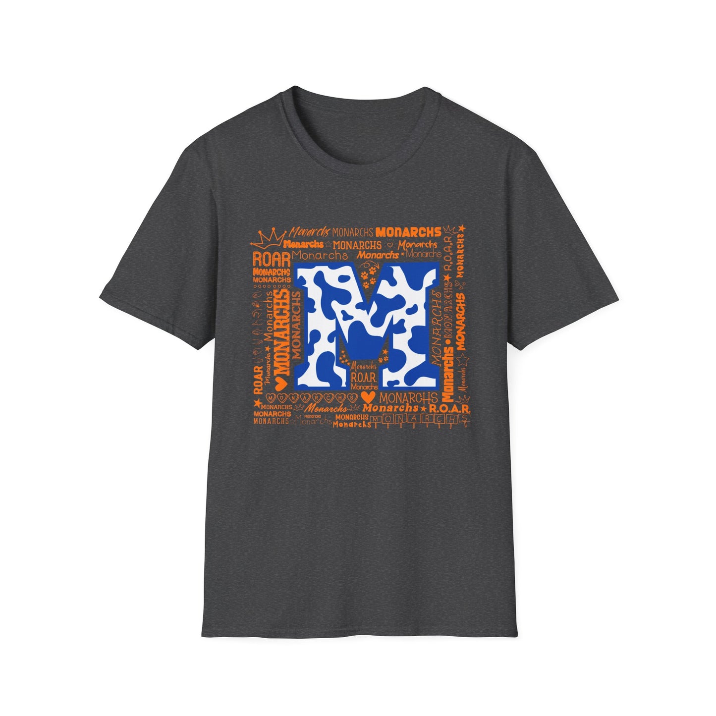 Blue Cow Print M Monarchs Unisex Softstyle T-Shirt - Monarchs Roar Graphic Tee for School Spirit