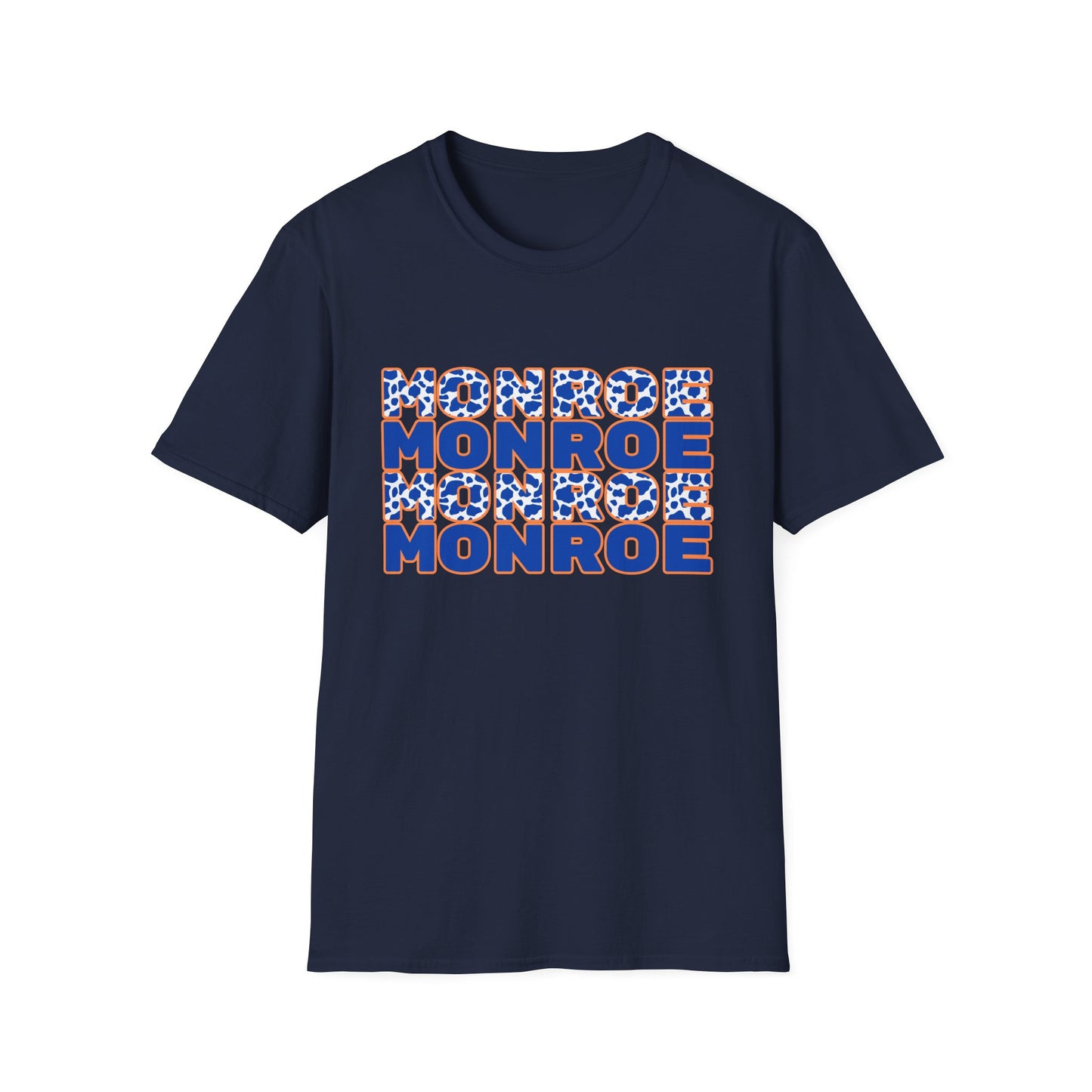 Monroe Graphic Blue Cow Print Unisex Softstyle T-Shirt - Casual Everyday Wear