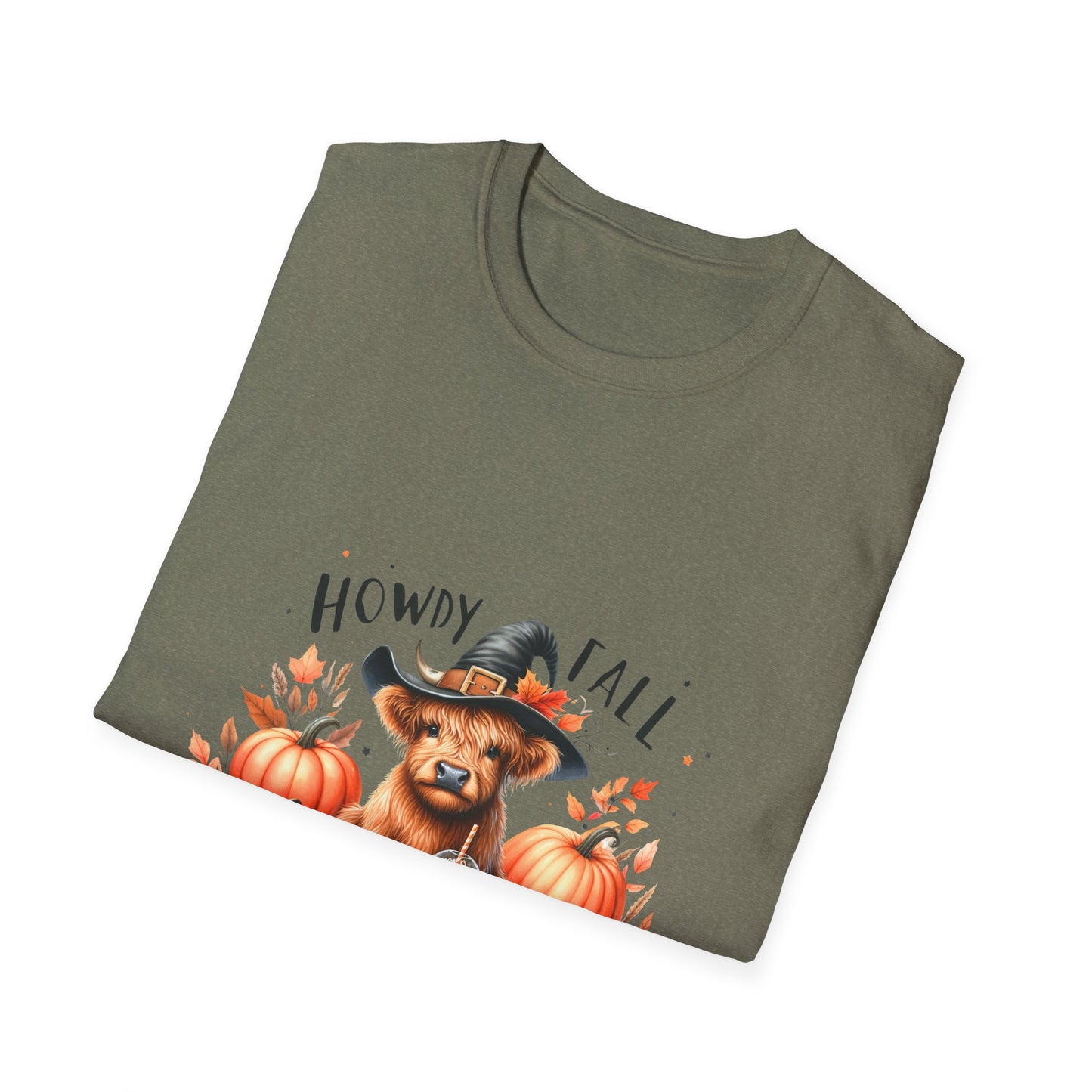 Halloween Cow with Latte Unisex Softstyle T-Shirt - "Howdy Fall" Design